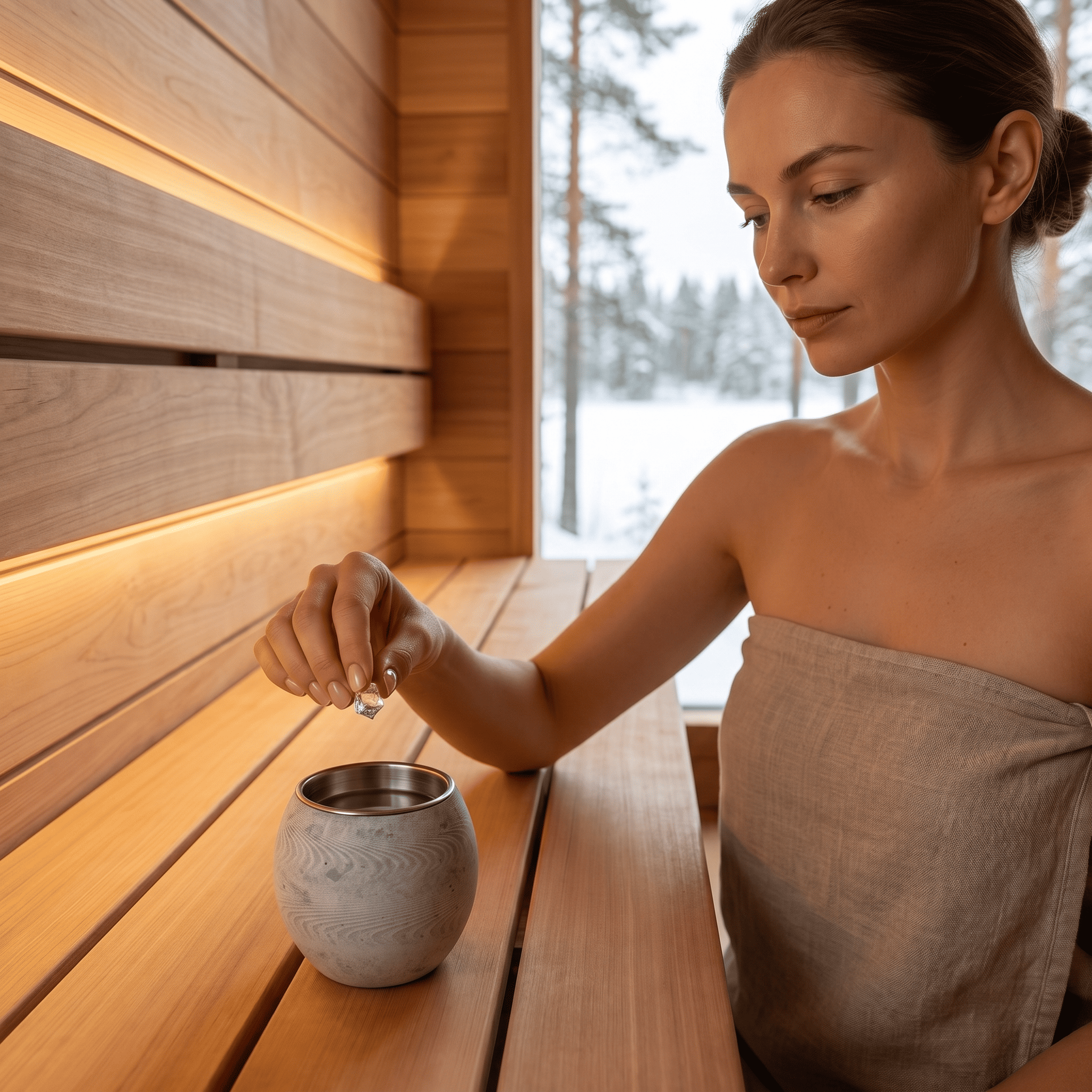 Woman in a sauna adding a menthol crystal into a grey aroma stone cup on the bench