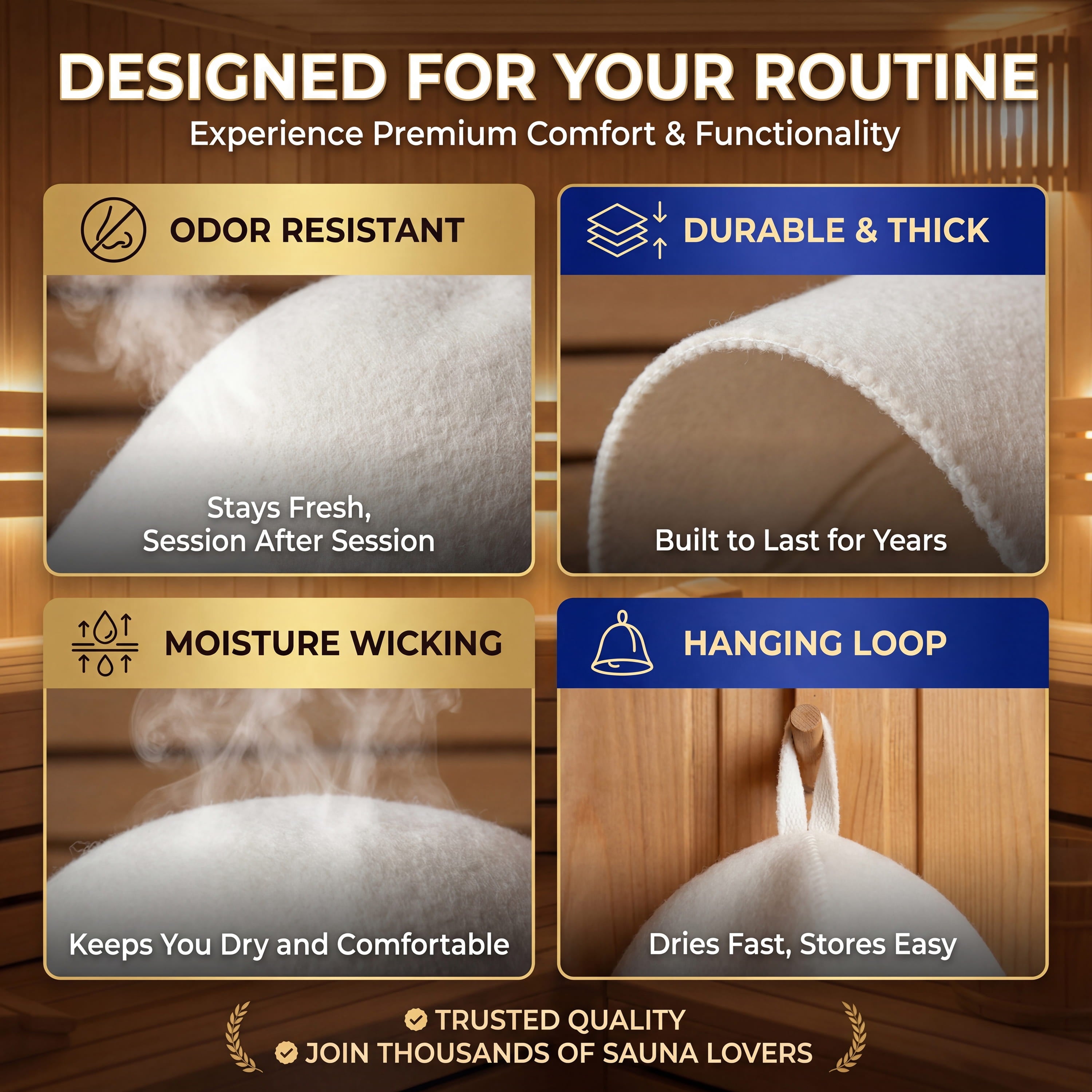 Feature graphic for a white merino wool sauna hat highlighting odor resistance, thick durability, moisture wicking, and hanging loop