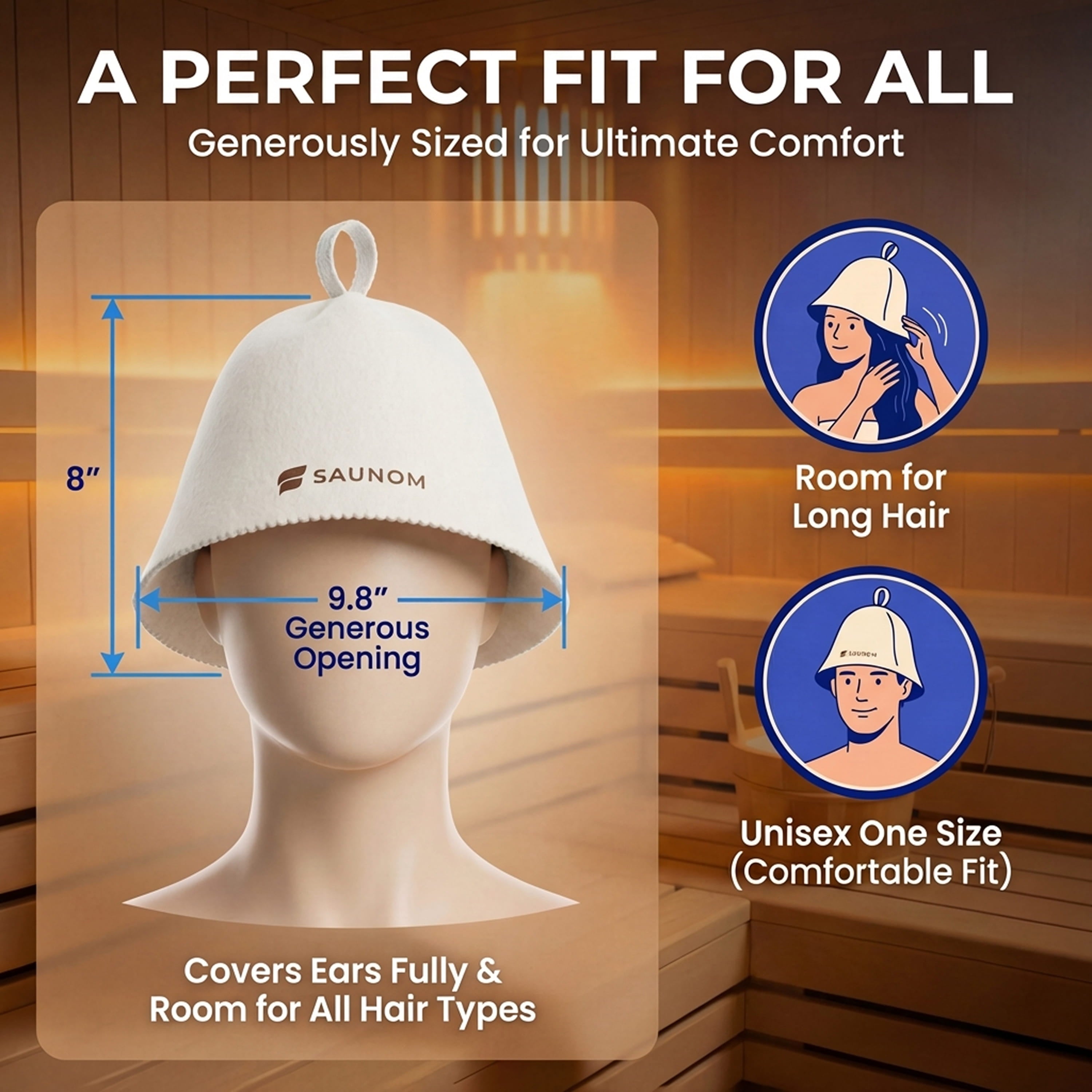 Sauna hat sizing graphic showing 8 inch height, 9.8 inch opening, full ear coverage, and unisex fit