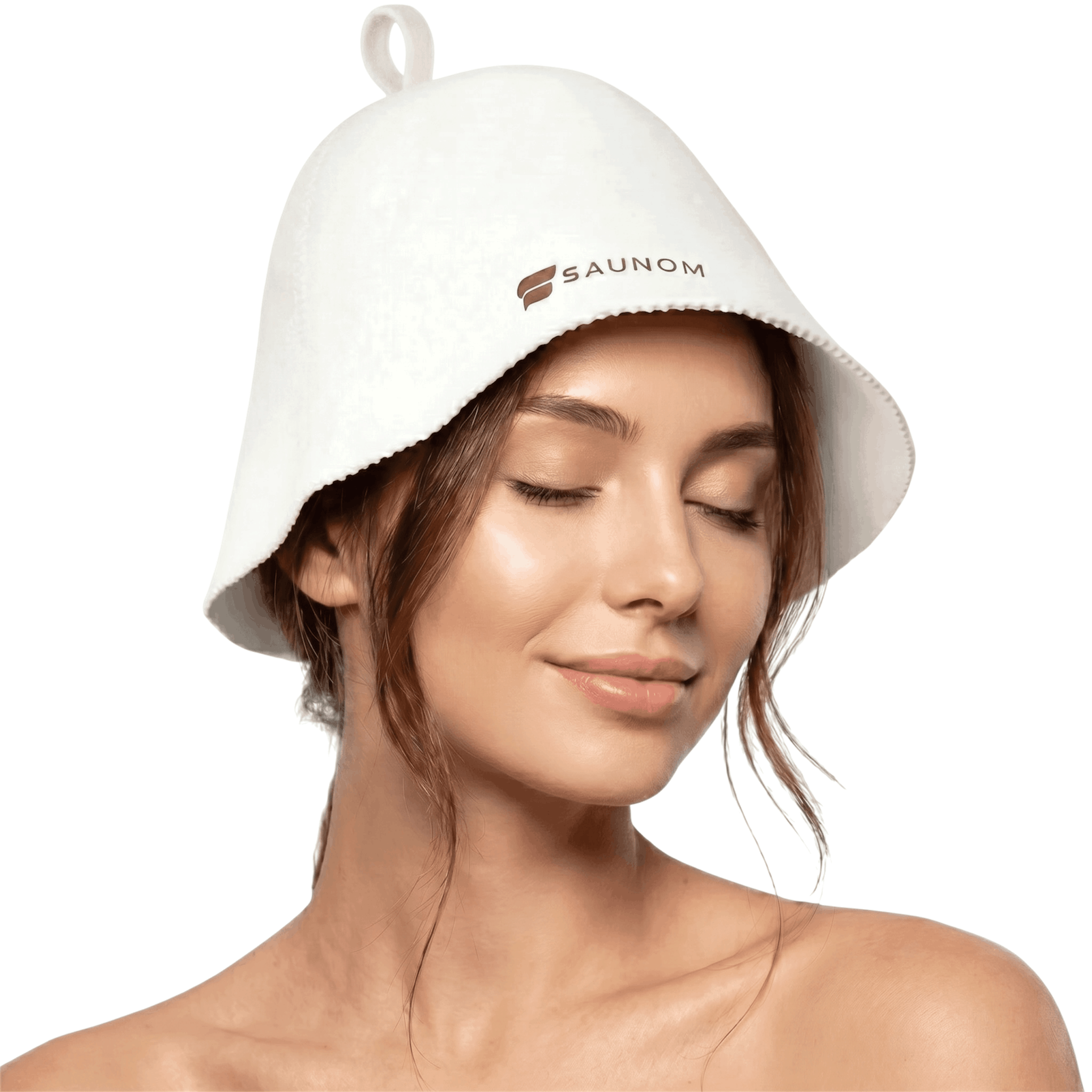 White SAUNOM merino wool sauna hat worn by a woman with eyes closed on a white background