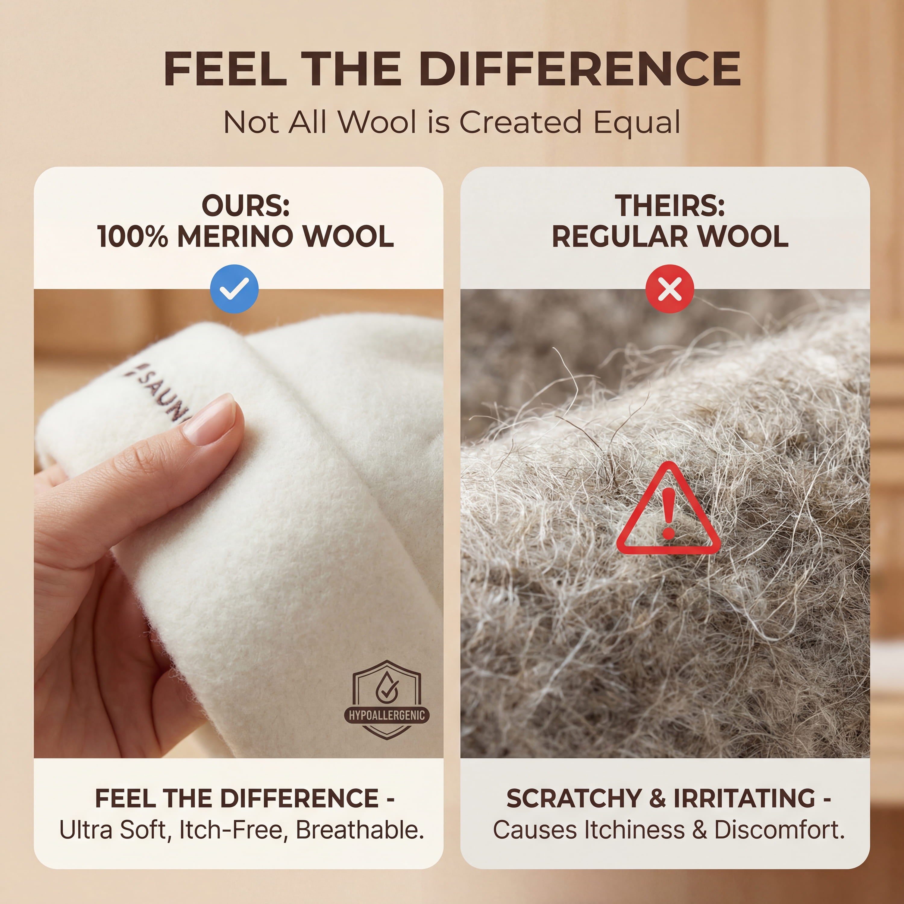 Comparison graphic showing soft merino wool sauna hat material versus scratchy regular wool