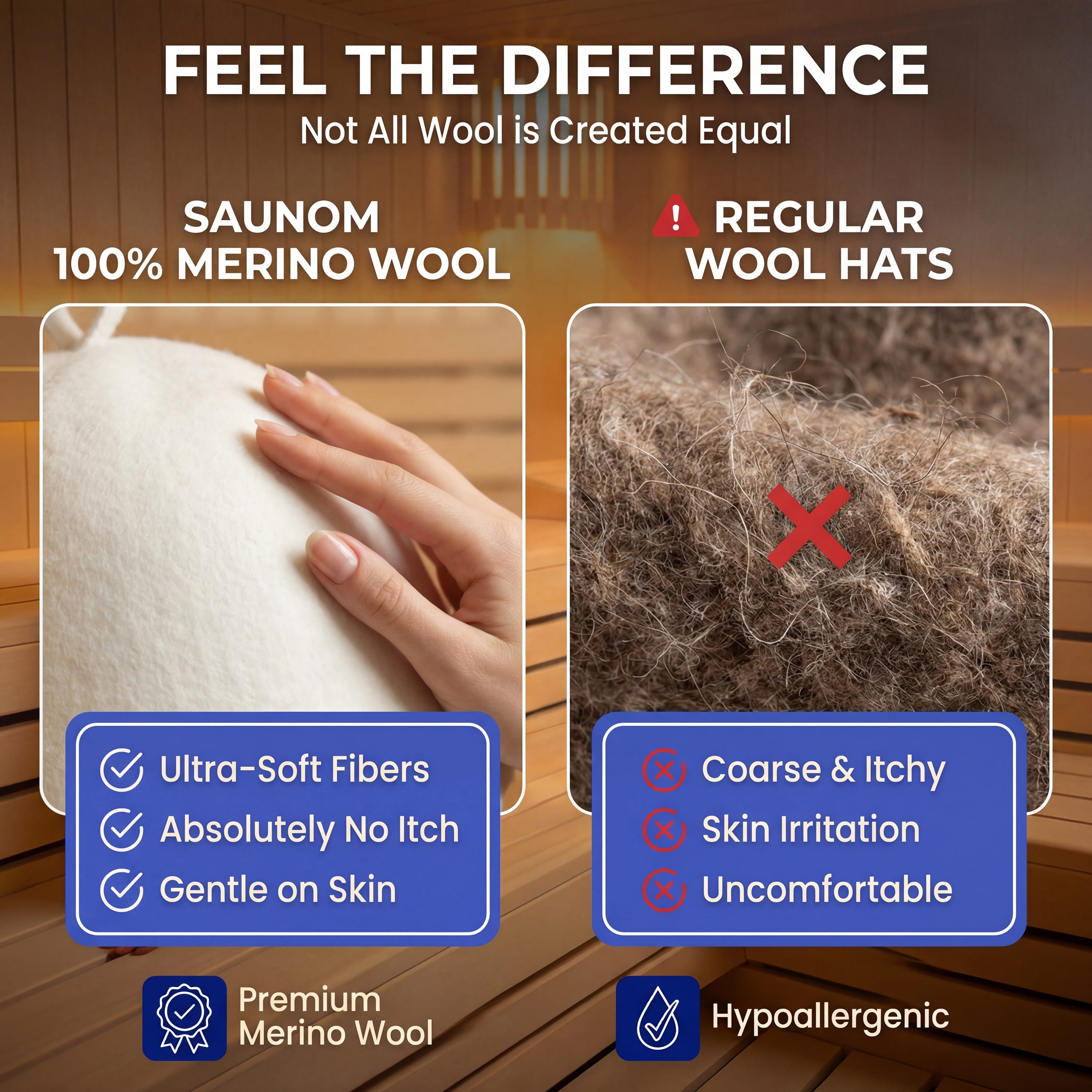 Comparison graphic showing SAUNOM 100% merino wool sauna hat versus regular wool hats
