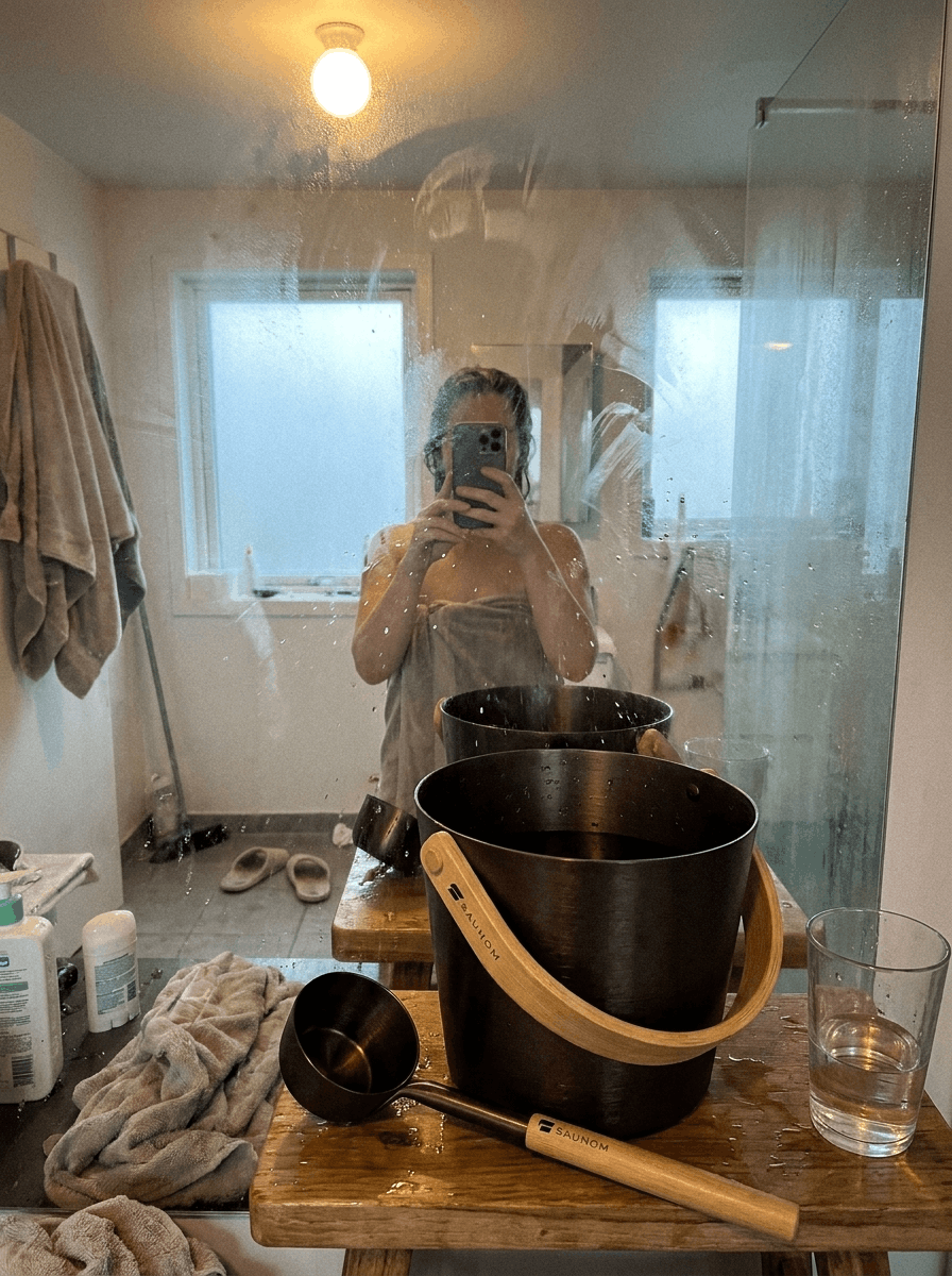 UGC-style mirror selfie showing a SAUNOM sauna water bucket and ladle on a wet wooden stool in a bathroom after sauna use
