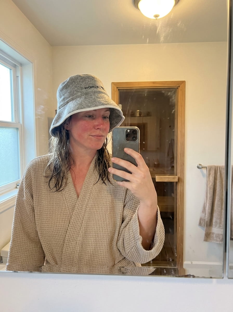 Woman taking a mirror selfie while wearing a grey wool sauna hat after sauna