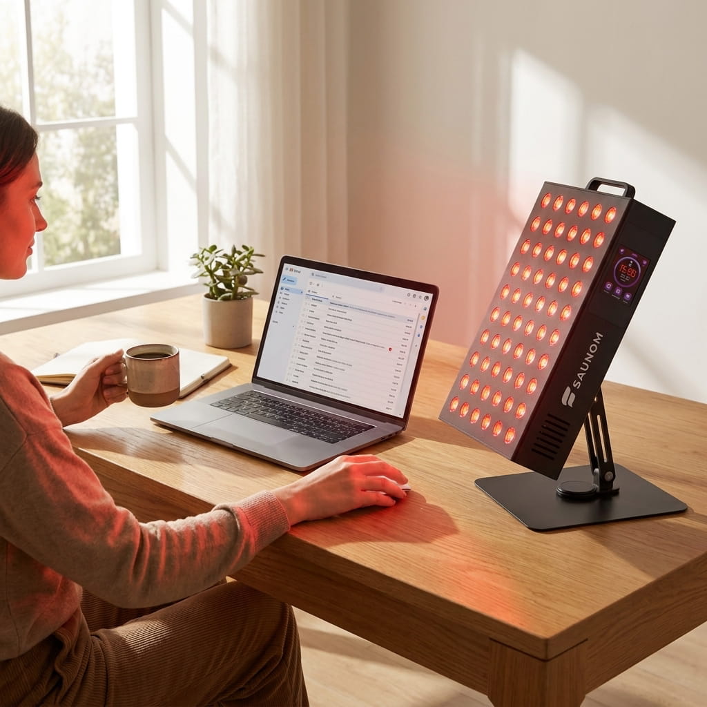 Woman using SAUNOM red light therapy panel at her desk during a morning routine