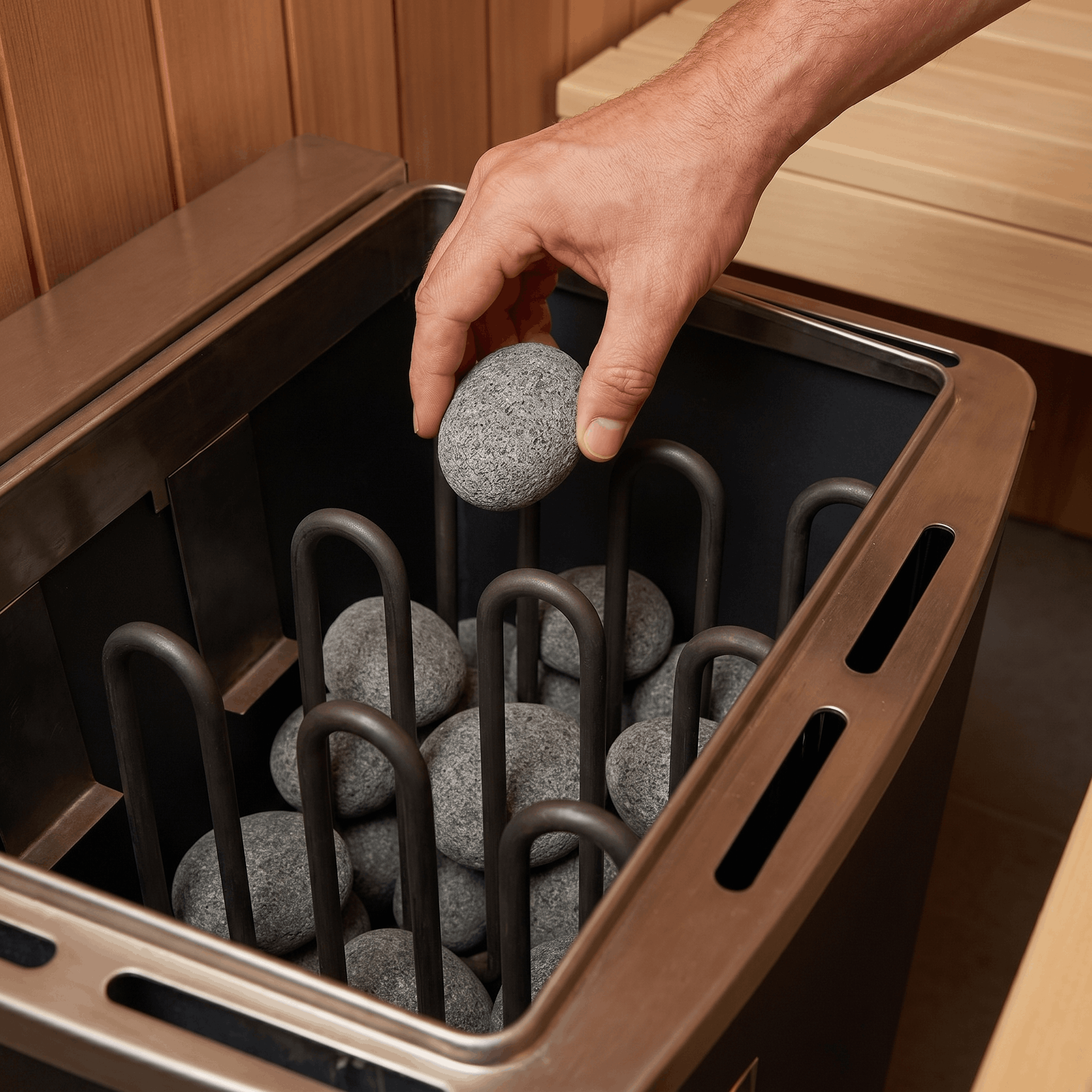 Hand placing rounded sauna stones between electric heater elements