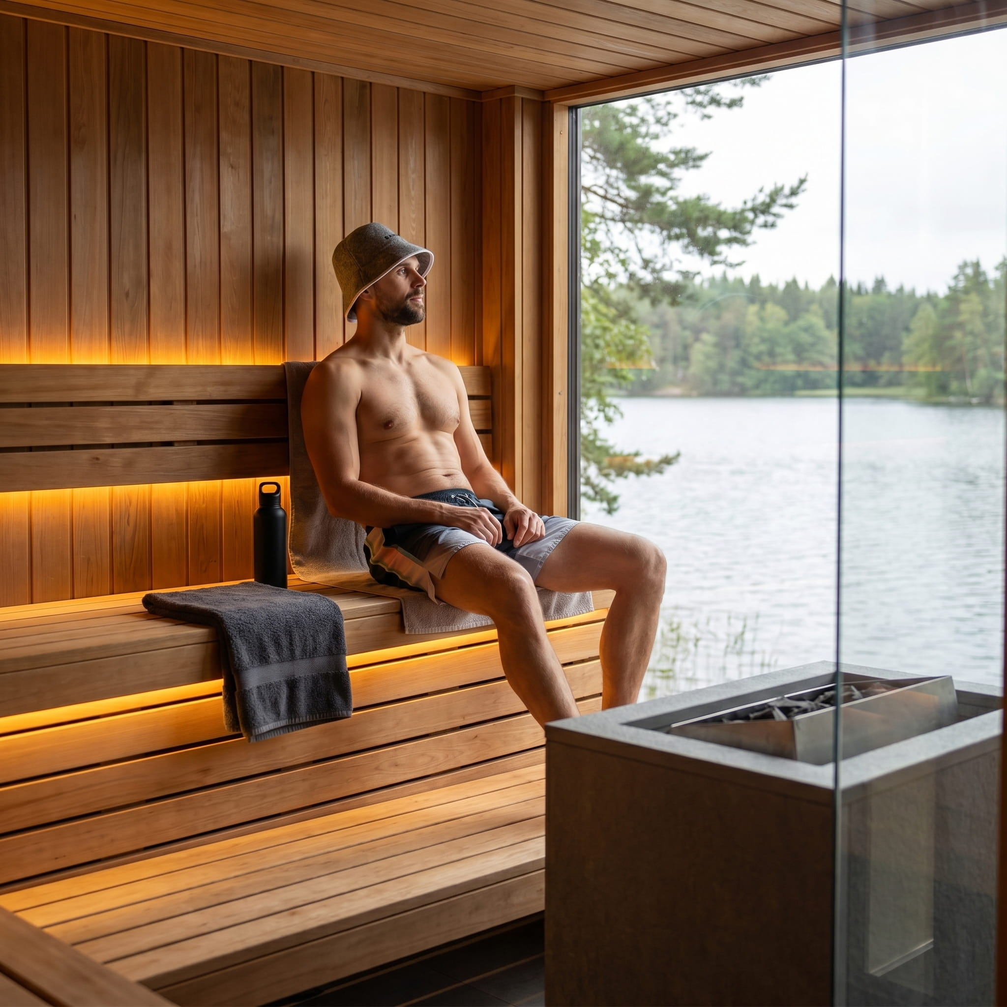 Man resting after a sauna session while wearing a grey wool sauna hat