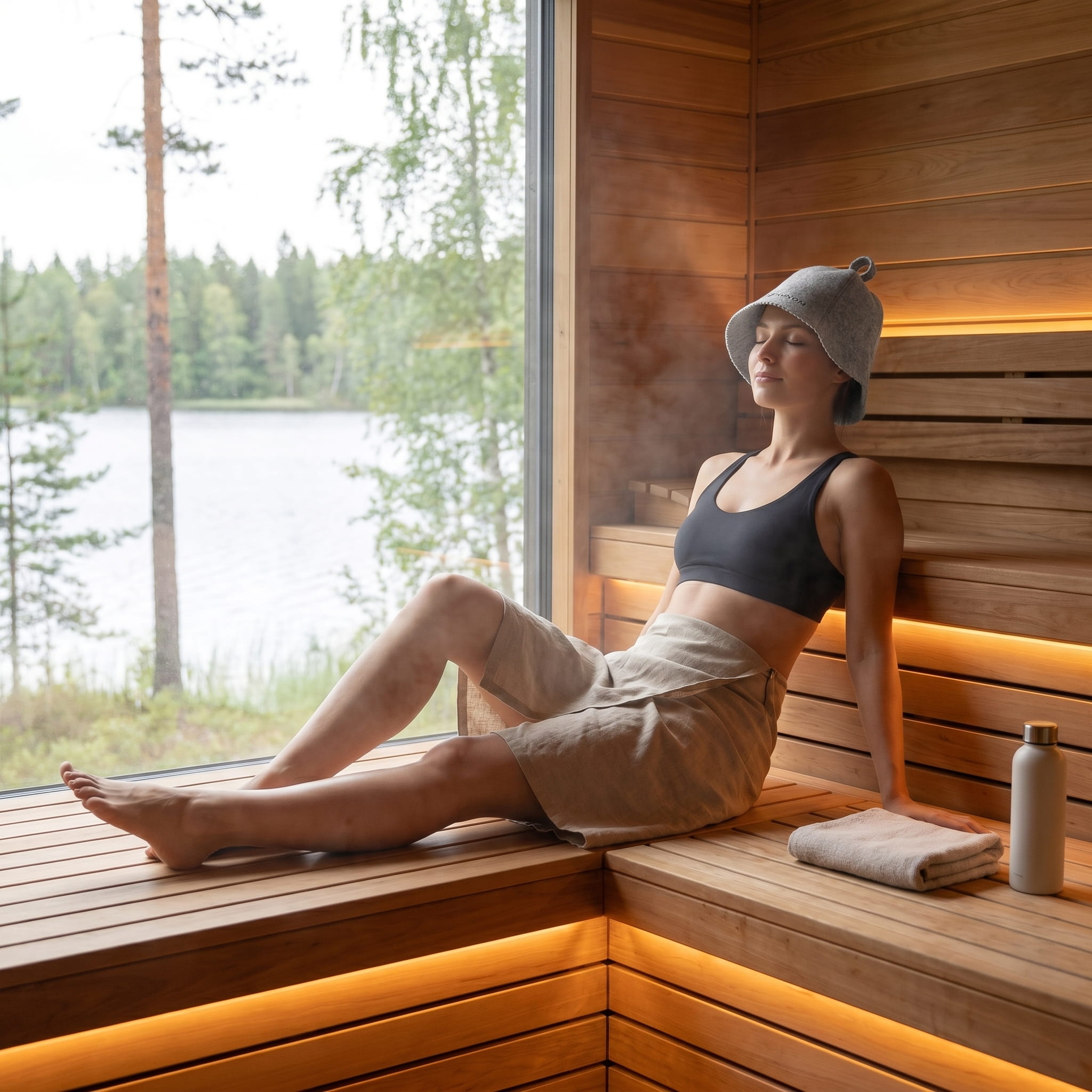 Woman resting after a workout in a modern sauna while wearing a grey wool sauna hat