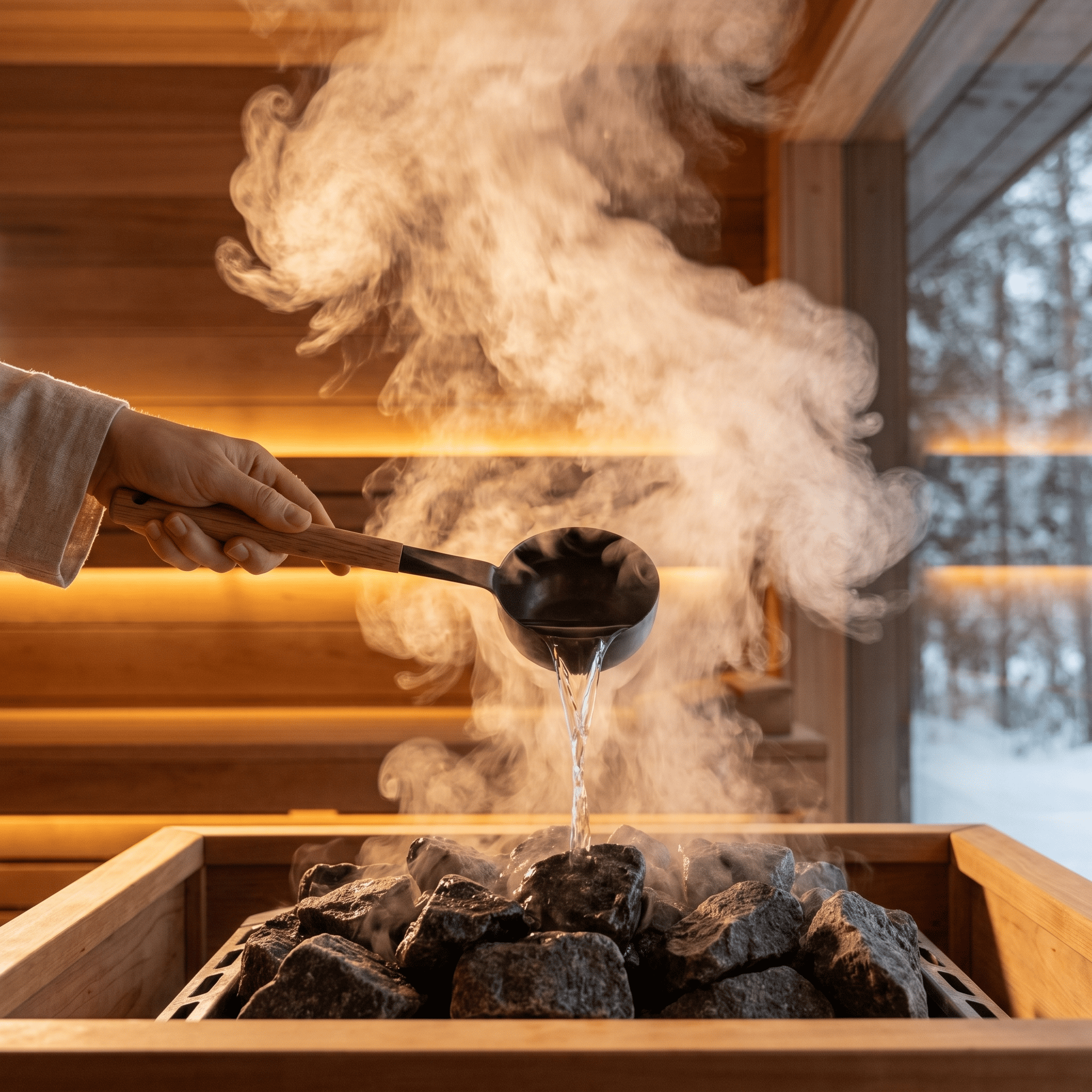 SAUNOM ladle pouring water over sauna stones with thick steam rising inside a warm wooden sauna