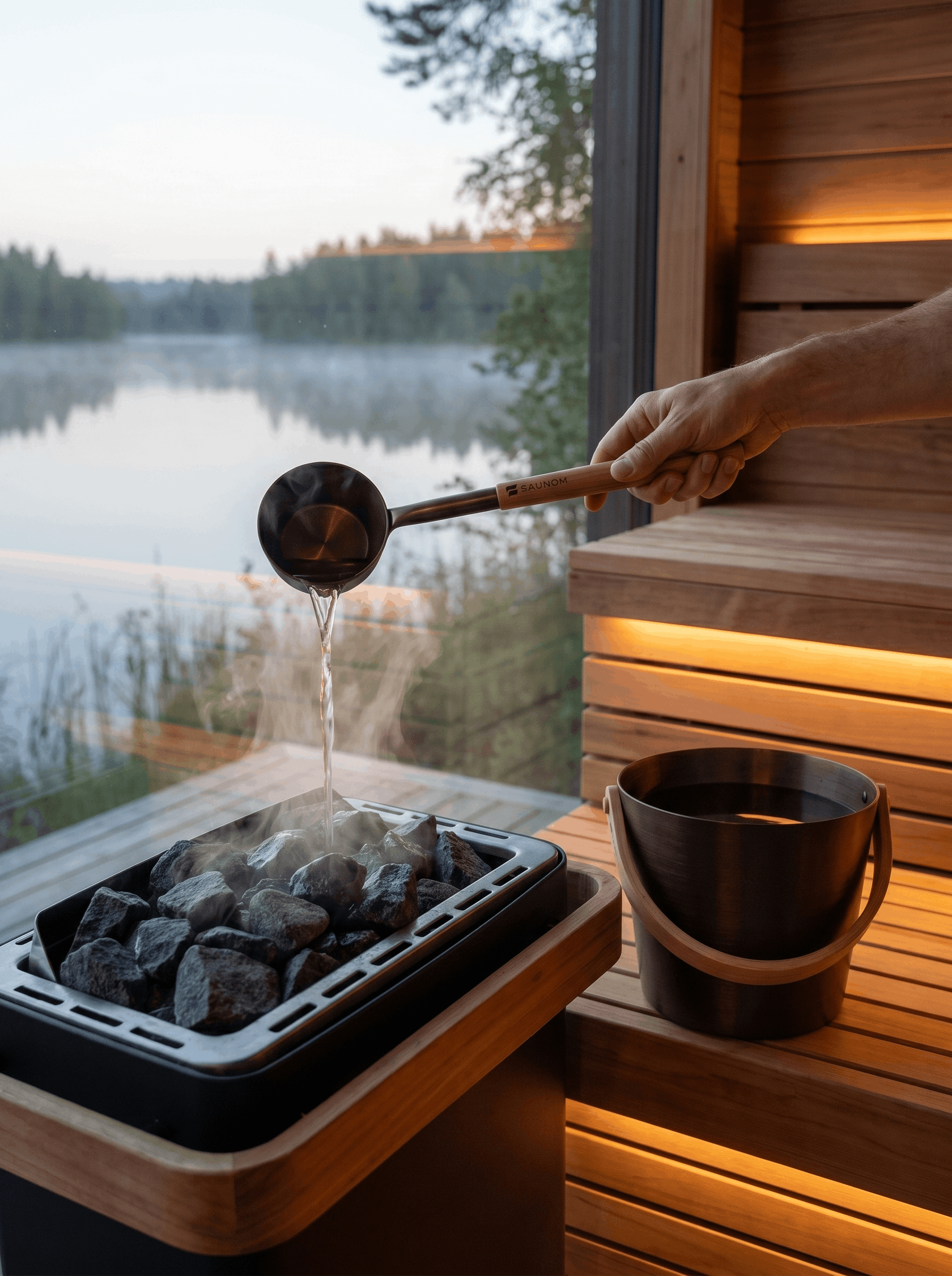 SAUNOM ladle pouring water over sauna rocks beside a matching water bucket with a calm lake view outside
