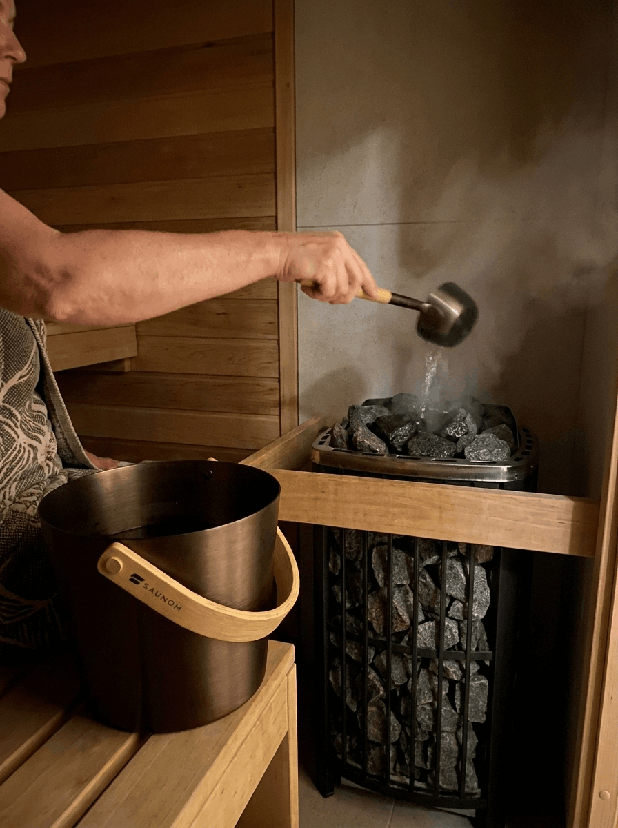 Person using a SAUNOM ladle to pour water onto hot sauna stones while holding the matching bamboo-handled water bucket