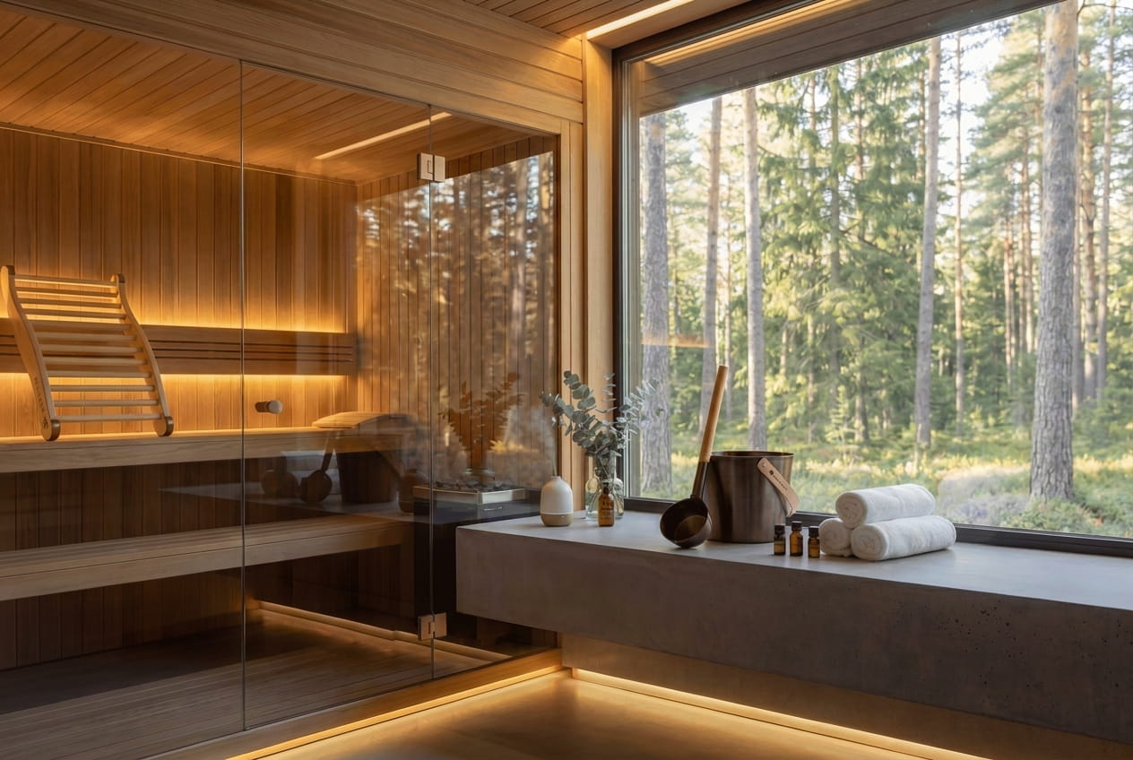 A luxury wooden sauna room with a large floor-to-ceiling window overlooking a dense pine forest, featuring a stone bench with towels and sauna accessories.