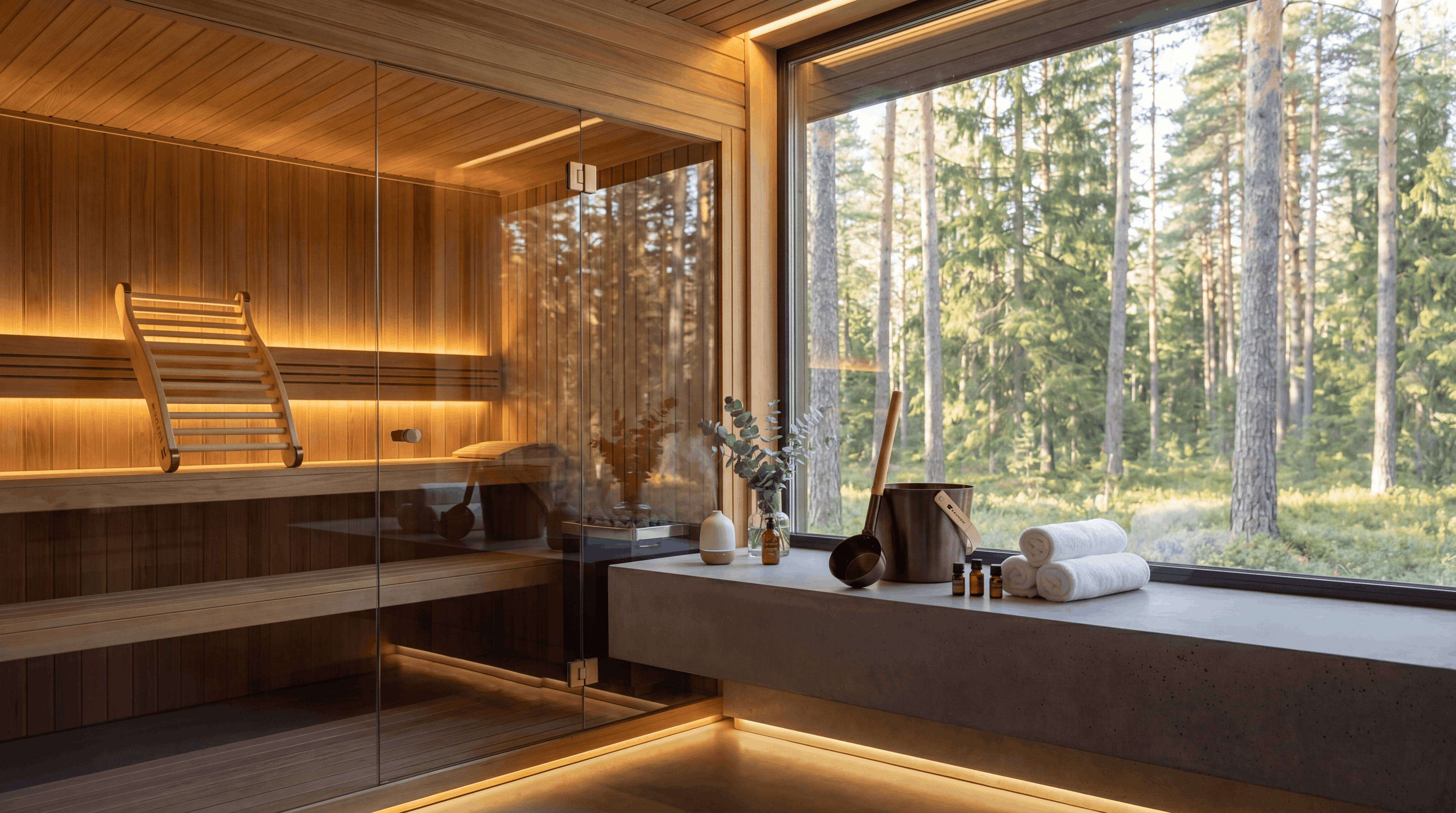 Premium sauna accessories displayed beside a modern wooden sauna with a large forest view window