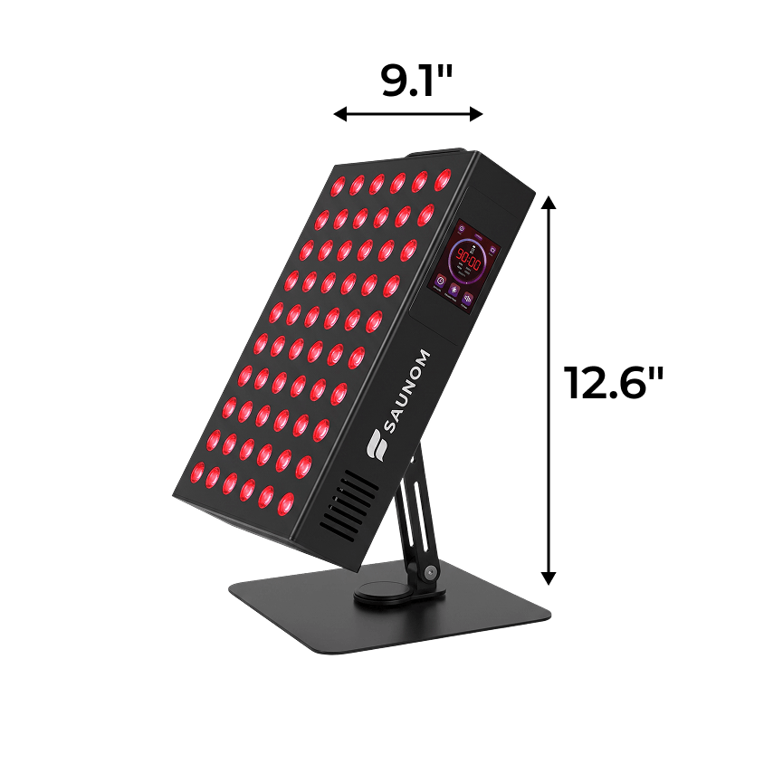SAUNOM tabletop red light therapy panel dimensions showing 9.1 inch width and 12.6 inch height
