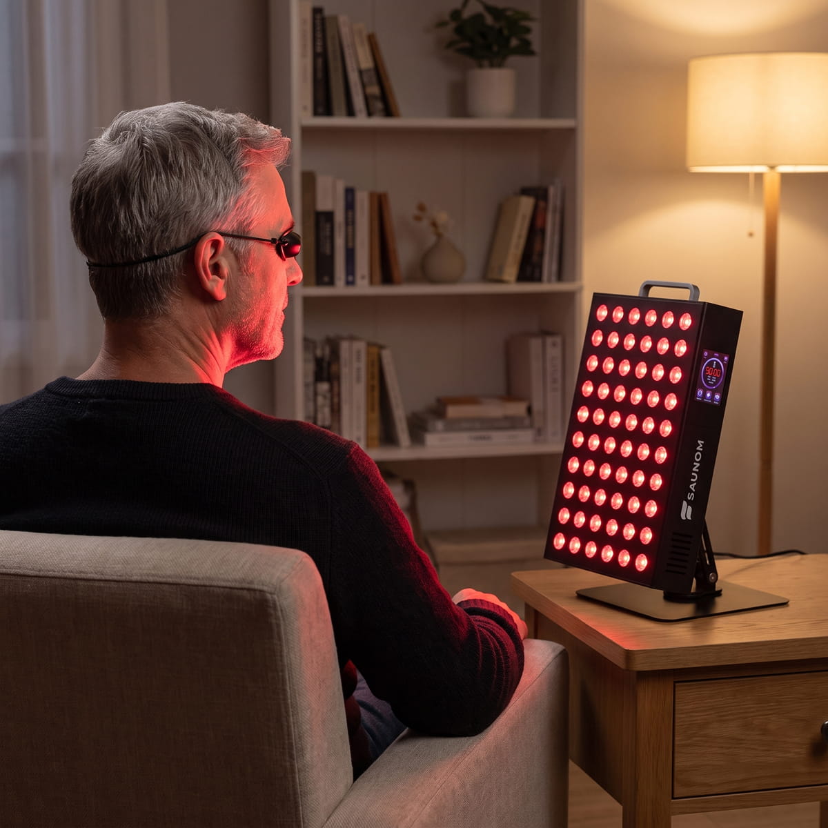 Man wearing goggles sitting in an armchair in front of the Saunom EW300 Pro red light therapy panel in the evening