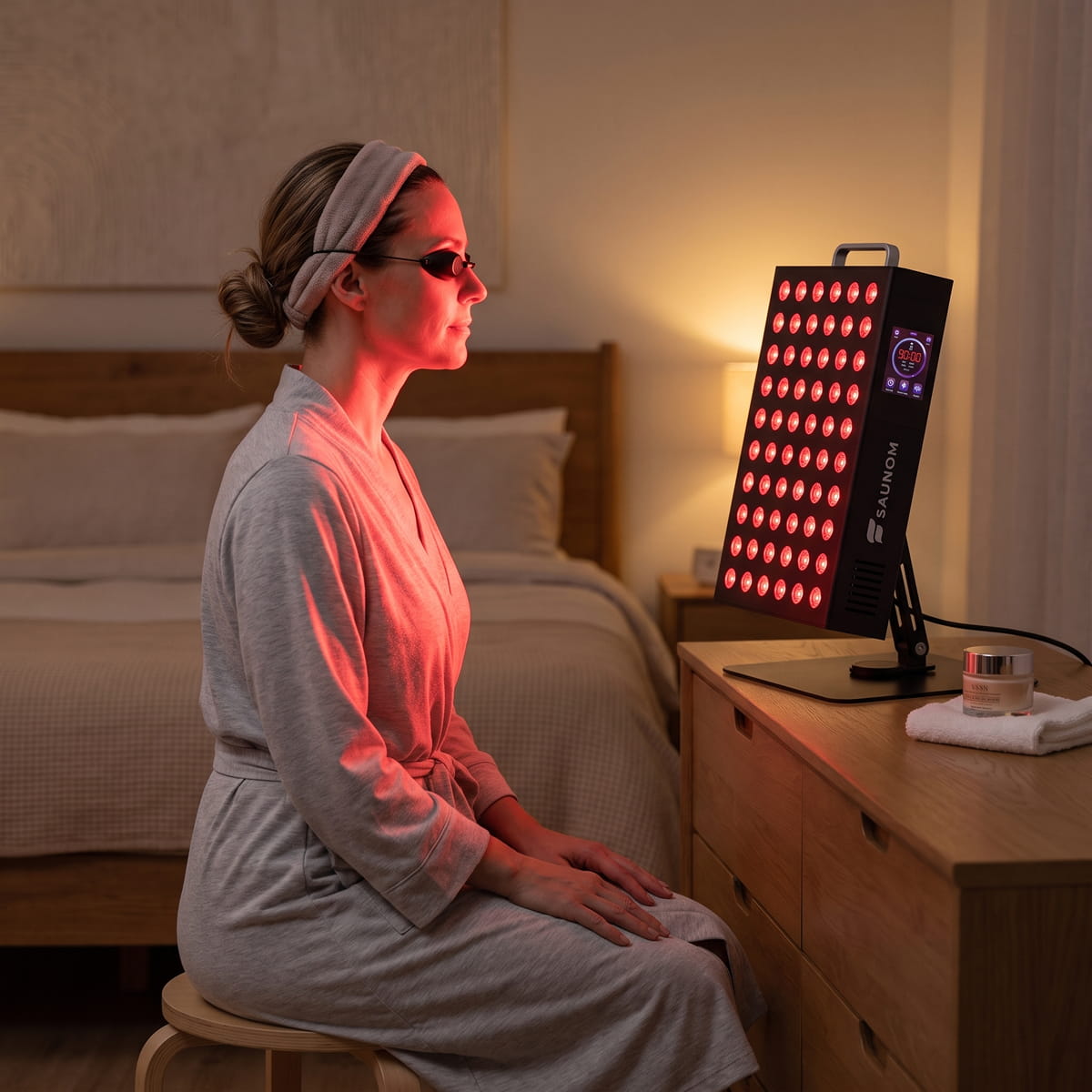 Woman wearing goggles sitting in front of the Saunom EW300 Pro red light therapy panel at a bedroom dresser