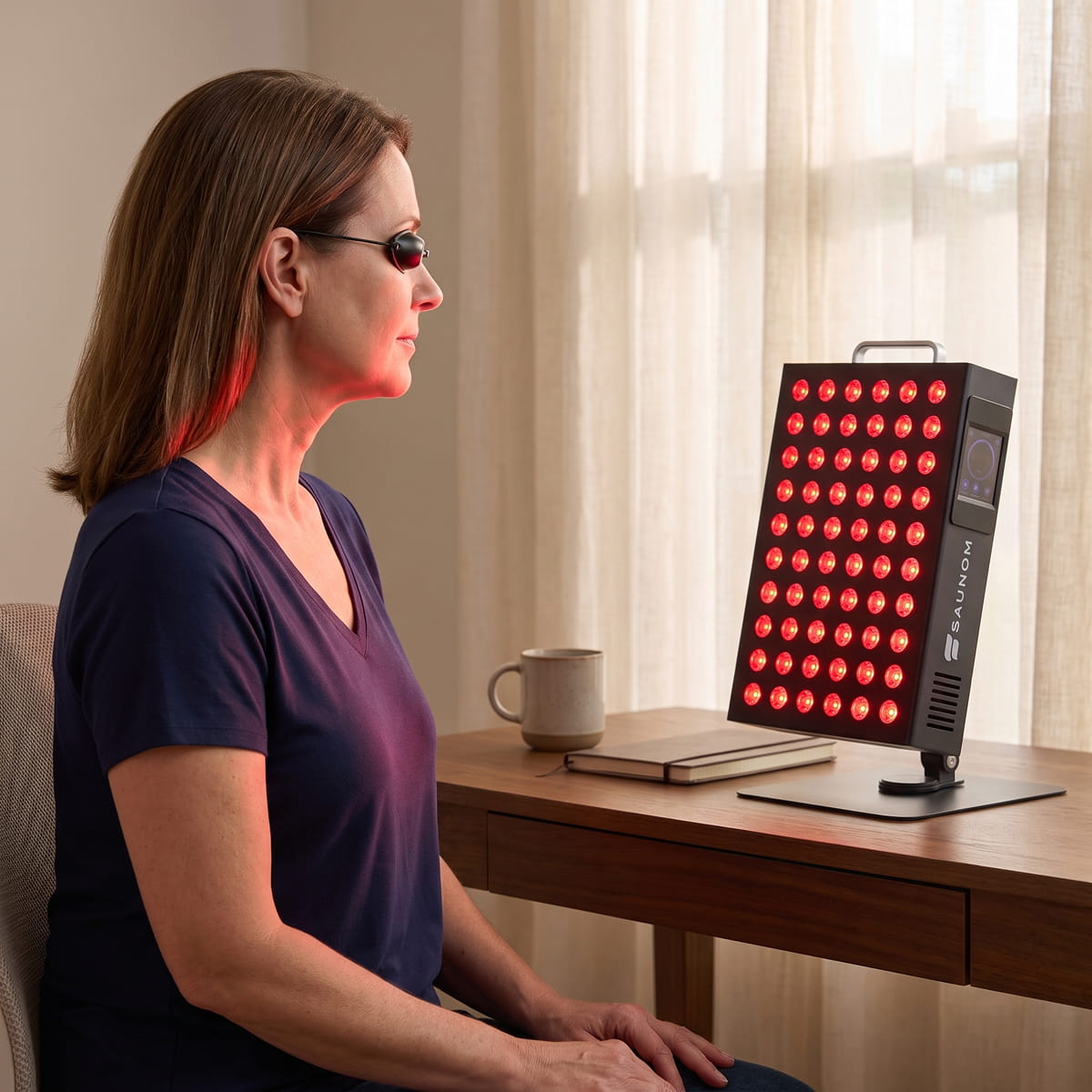Woman wearing goggles sitting at a desk in front of the Saunom EW300 Pro red light therapy panel, with the light on her face, neck and chest