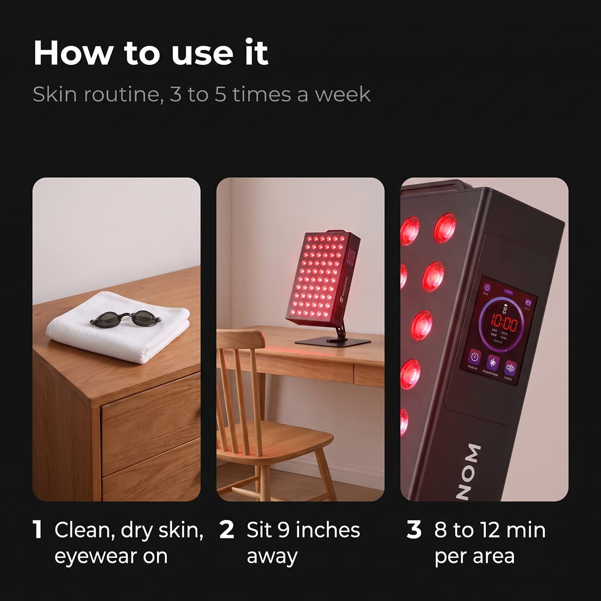 How to use the Saunom EW300 Pro red light therapy panel: clean dry skin and eyewear on, sit 9 inches away, 8 to 12 minutes per area