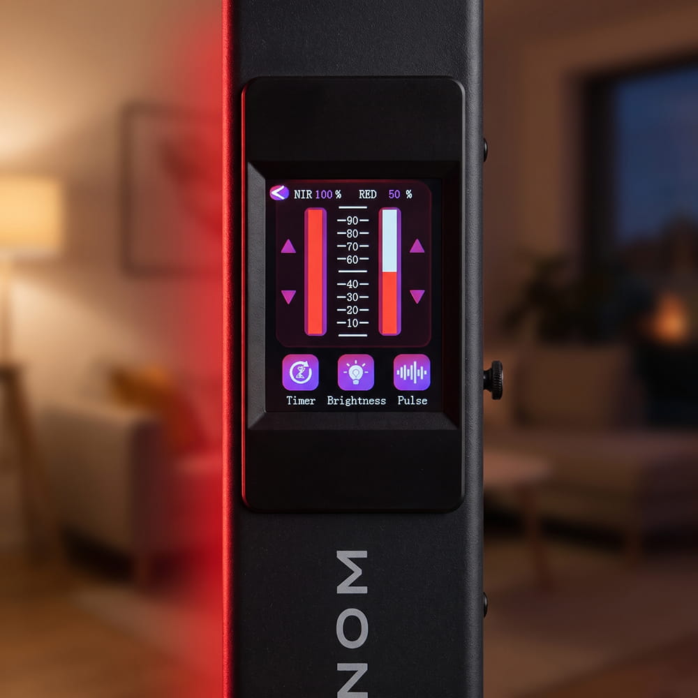 Touchscreen of the Saunom EW300 Pro showing near-infrared at 100% and red at 50%, set separately