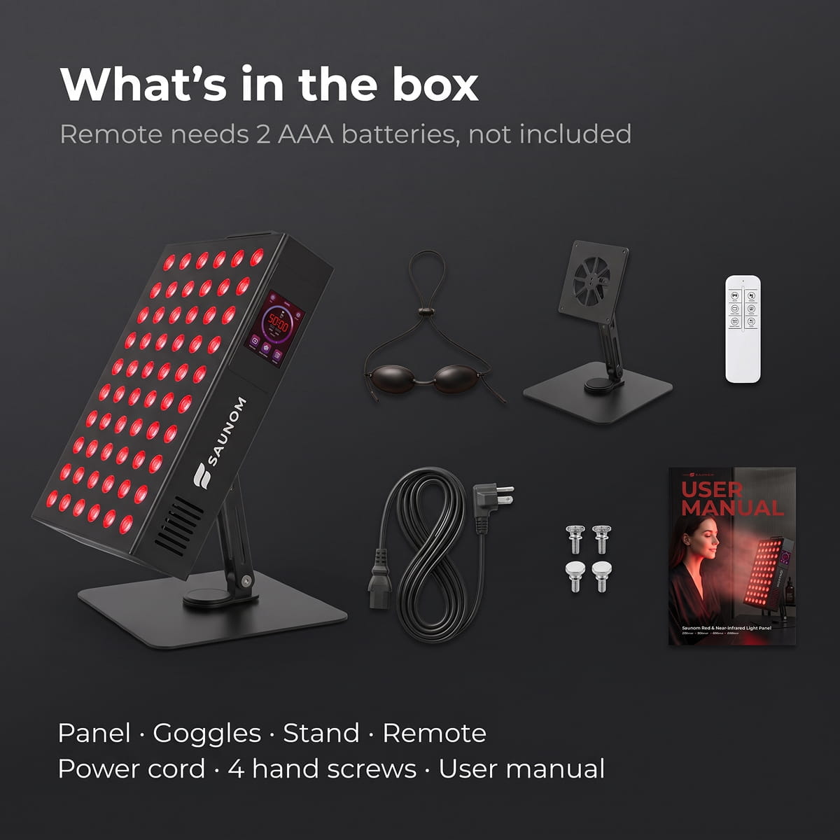 What's in the box with the Saunom EW300 Pro: panel, stand, four hand screws, power cord, remote, goggles and user manual