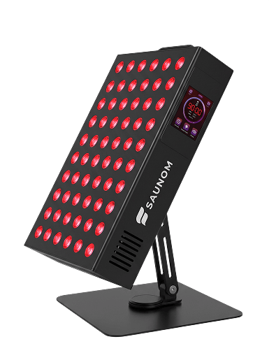 SAUNOM red light therapy panel with 60 LEDs, digital controls and adjustable tabletop stand