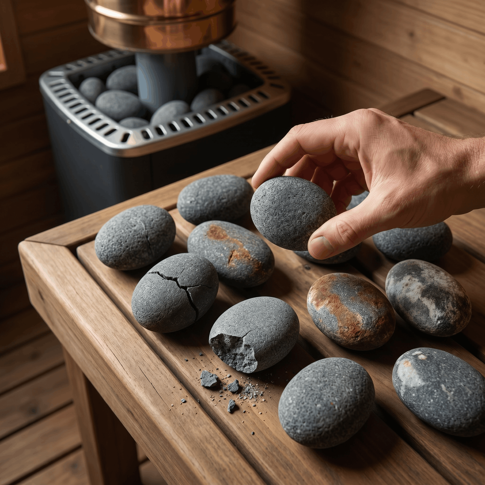 Old cracked sauna stones being inspected and replaced on a wooden sauna bench