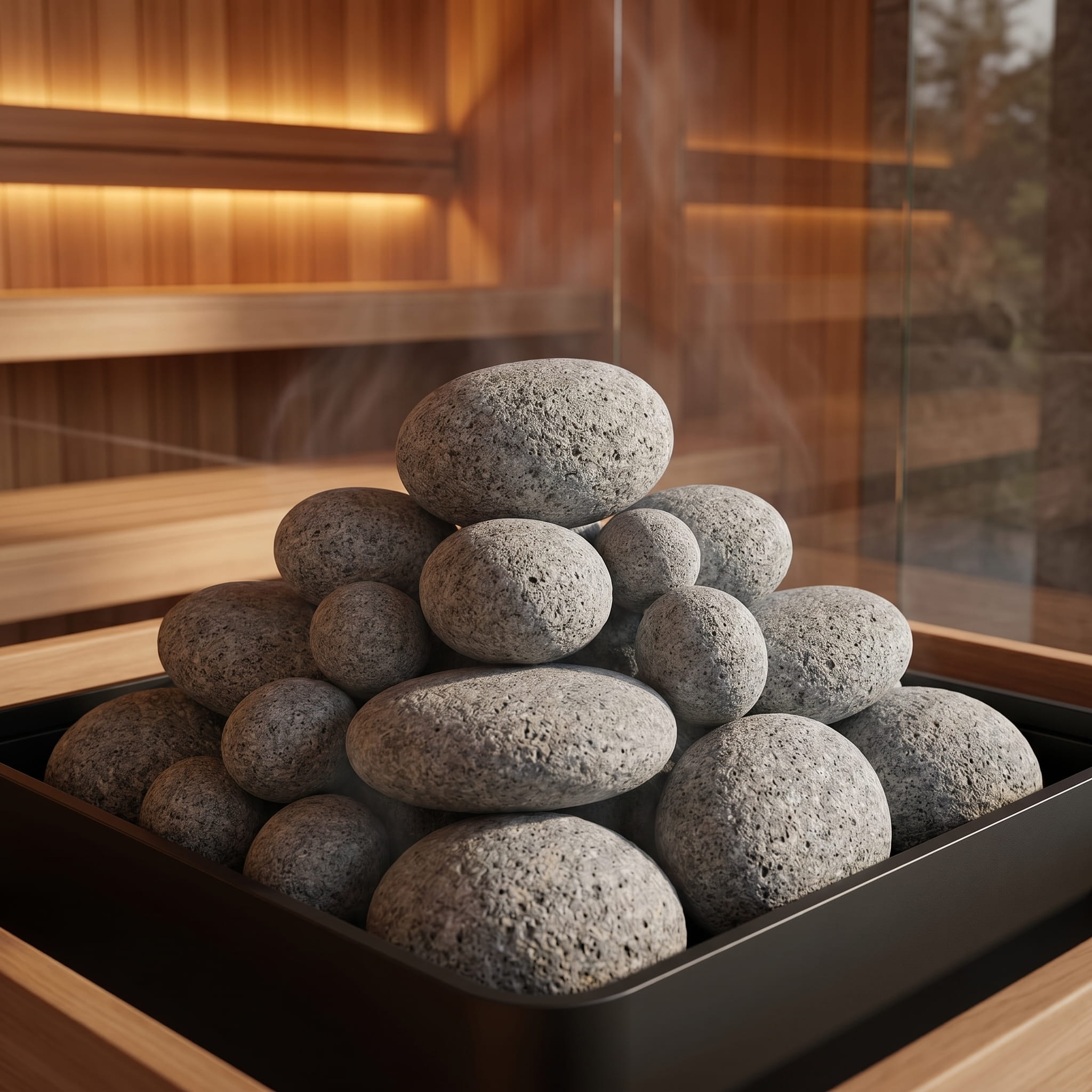 Rounded sauna heater rocks stacked inside a modern sauna heater with steam rising