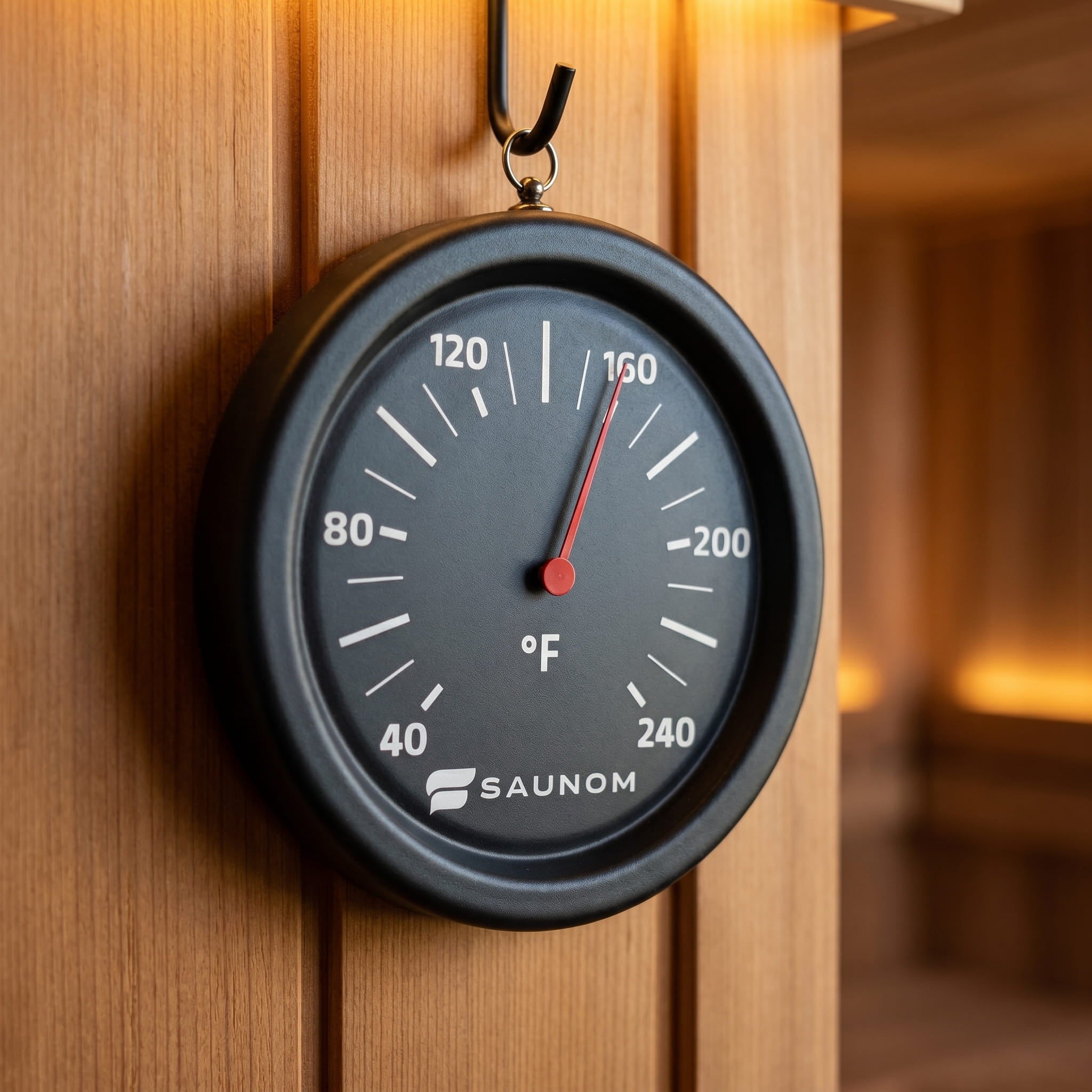 Round black sauna thermometer hanging on a wooden sauna wall showing temperature in Fahrenheit