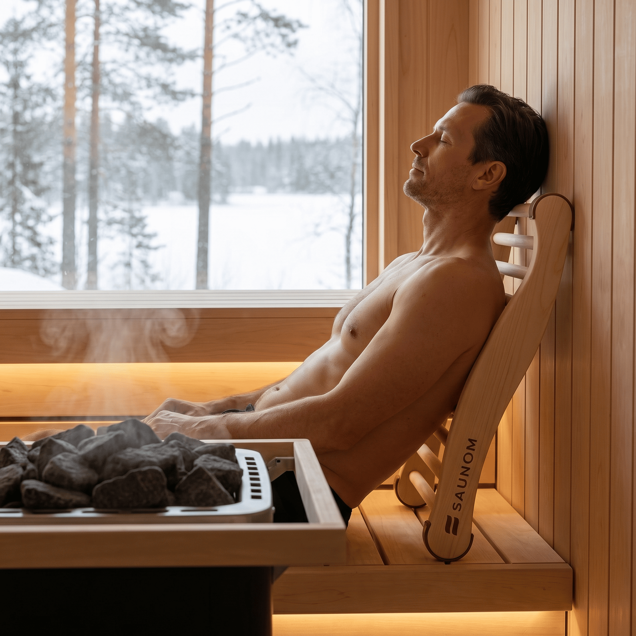 Man resting with eyes closed in a sauna, supported by a SAUNOM curved wooden backrest near the heater