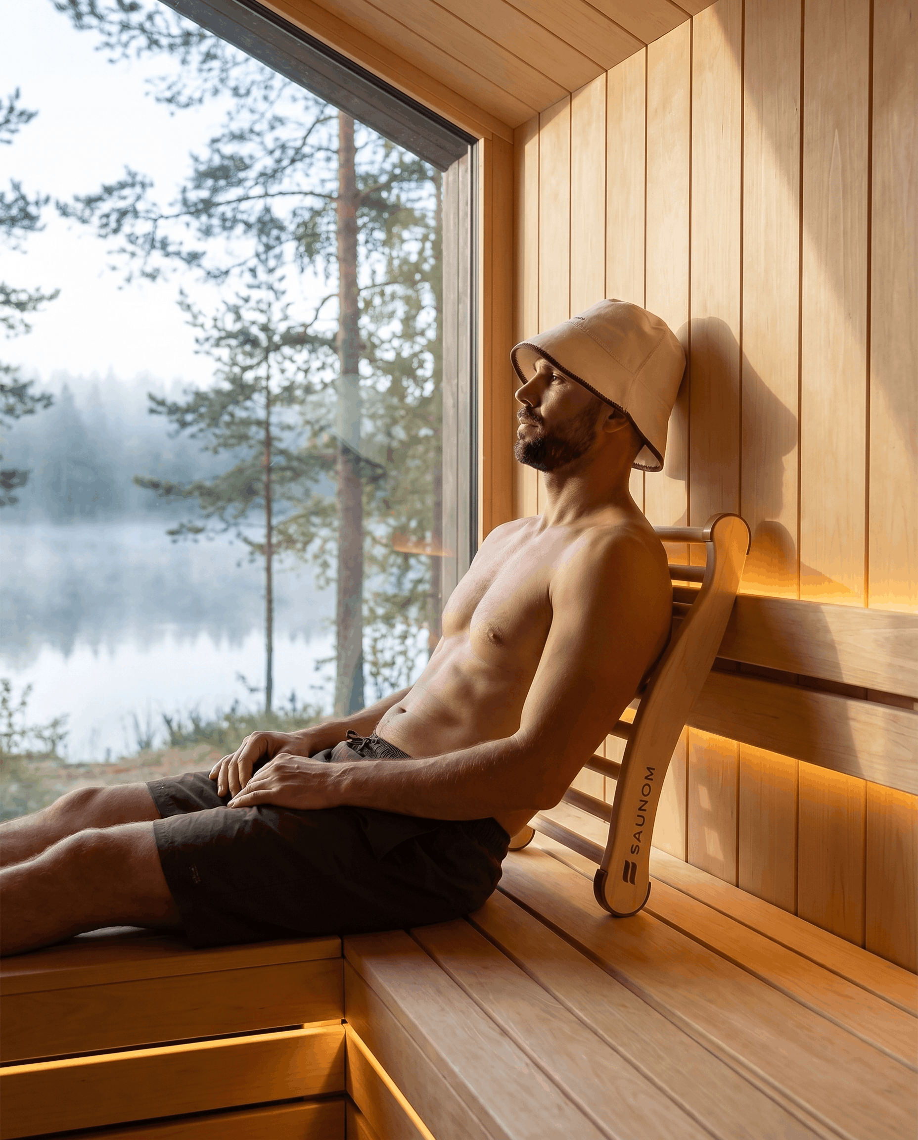 Man relaxing on a curved wooden sauna backrest while wearing a sauna hat inside a lakeside sauna
