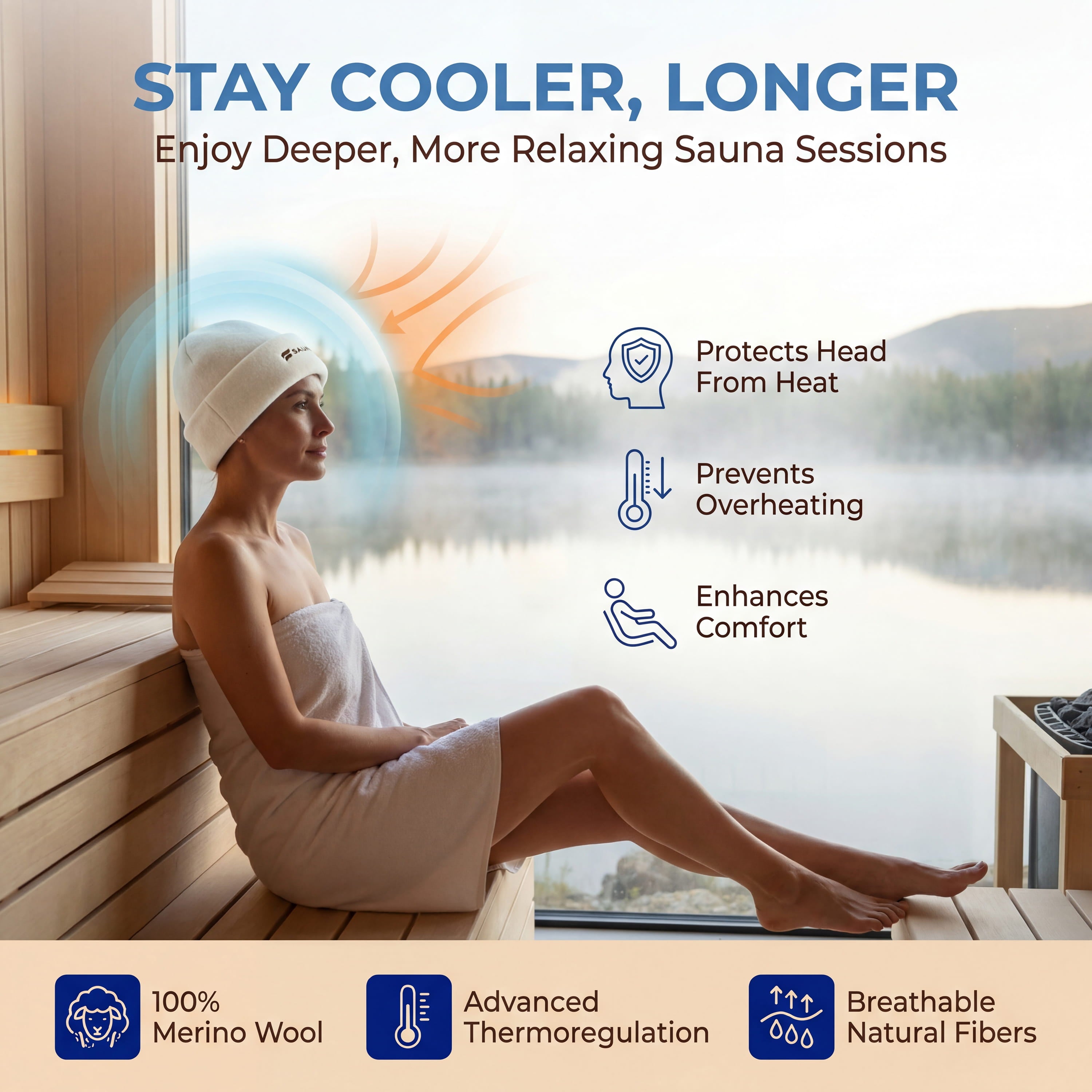 Sauna beanie comfort graphic showing heat protection, thermoregulation, and breathable merino wool fibers