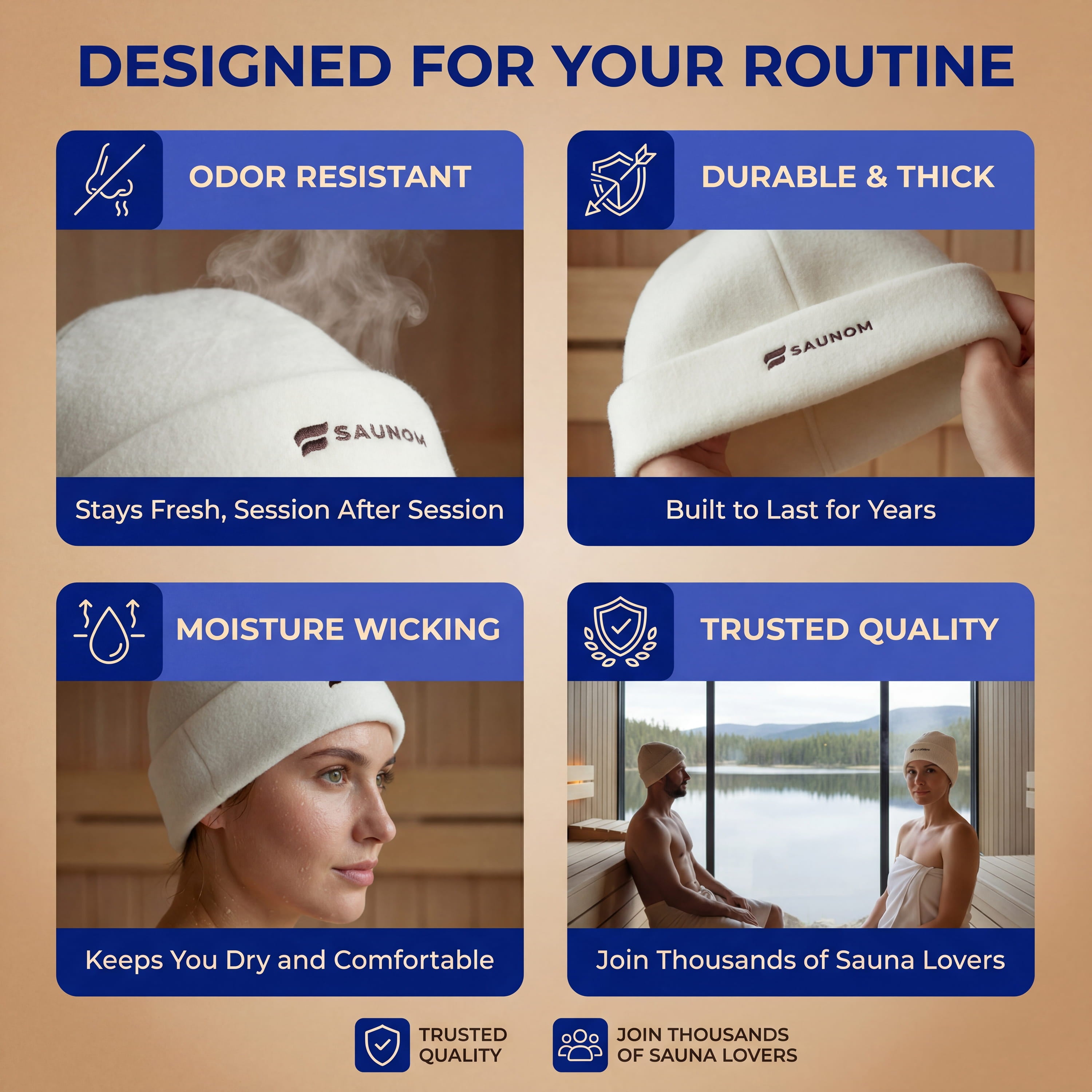 Feature graphic for a merino wool sauna beanie highlighting odor resistance, durability, moisture wicking, and quality