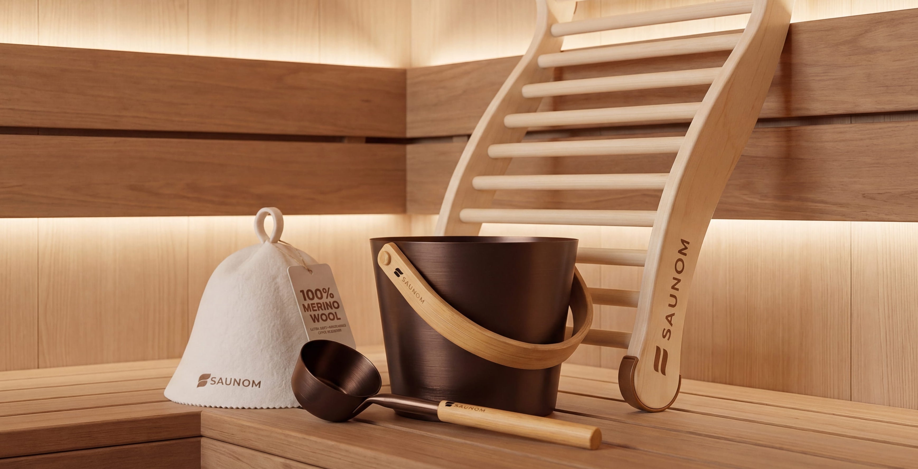 Premium sauna accessory set with wool sauna hat, wooden backrest, bucket, and ladle arranged on a sauna bench