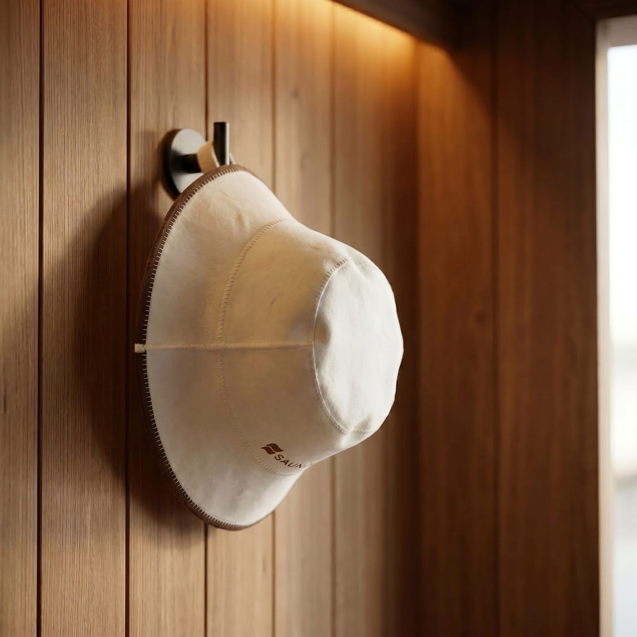 White wool bucket-style sauna hat hanging on a wall hook inside a wooden sauna