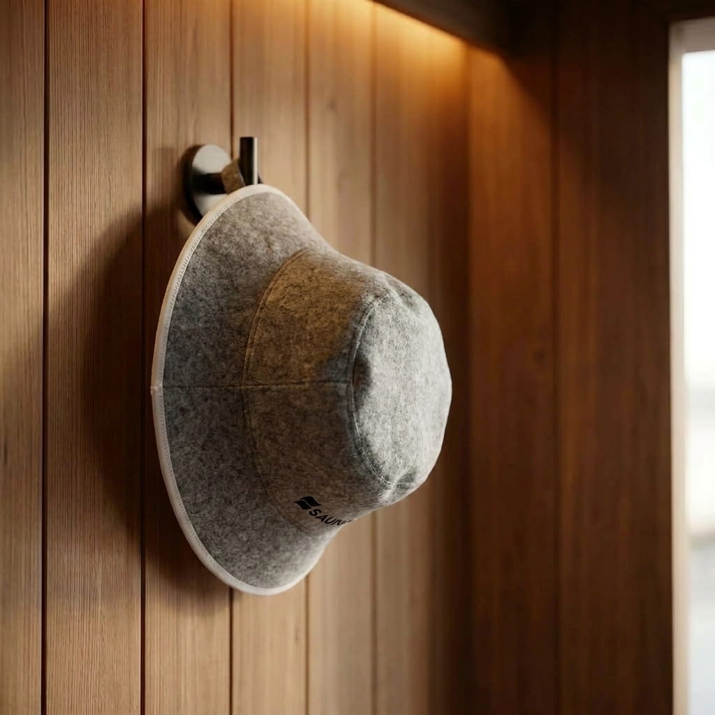 Grey wool bucket-style sauna hat hanging on a wall hook inside a wooden sauna