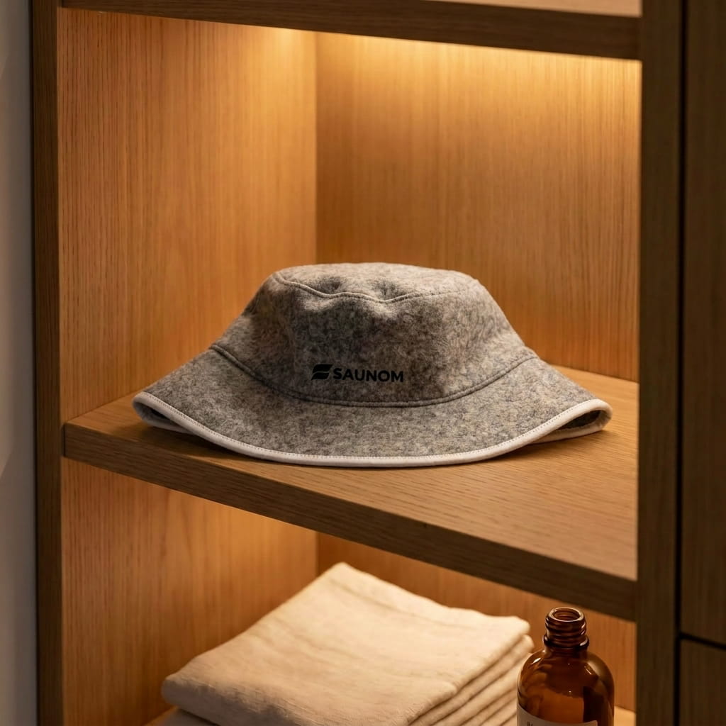 Grey wool bucket-style sauna hat displayed flat on a wooden shelf with towels and amber bottle