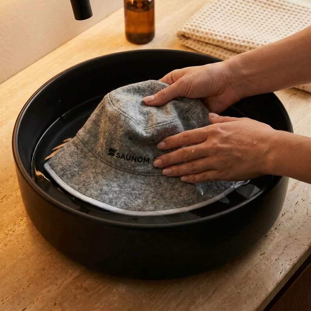 Grey wool bucket-style sauna hat being gently hand washed in a black sink
