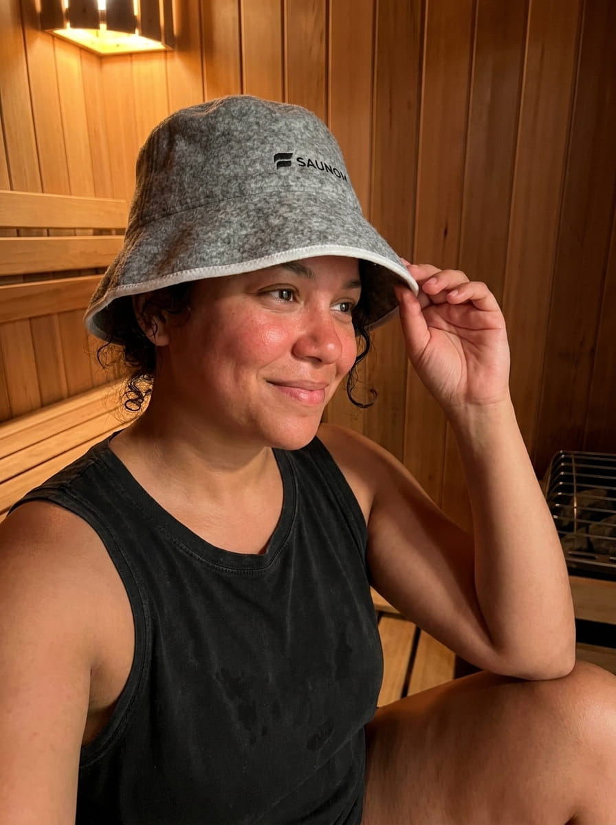 Woman smiling in a wooden sauna while wearing a grey wool bucket-style sauna hat