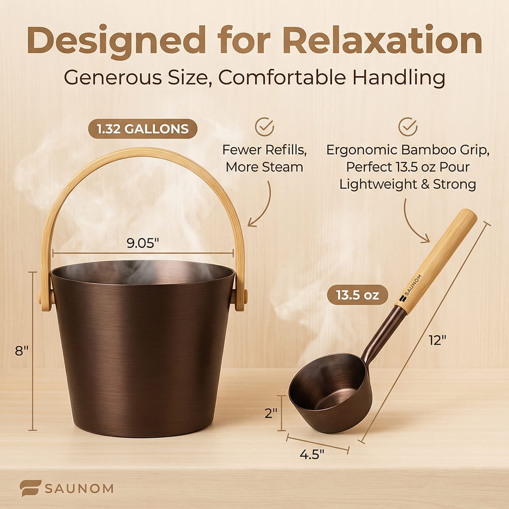 Size guide showing the brown sauna bucket's 1.3 gallon capacity and 13.5 oz ladle
