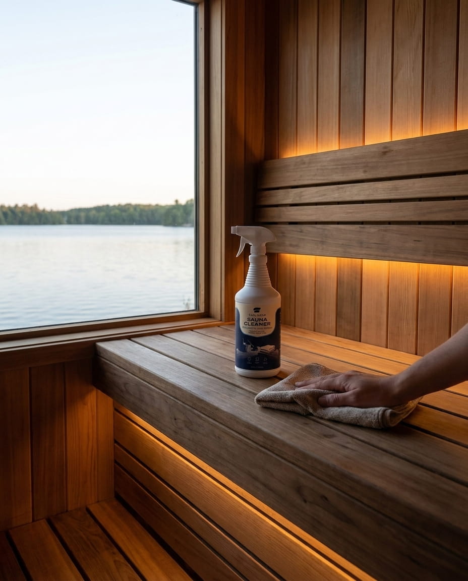 Saunom fragrance-free sauna cleaner spray in a wood sauna