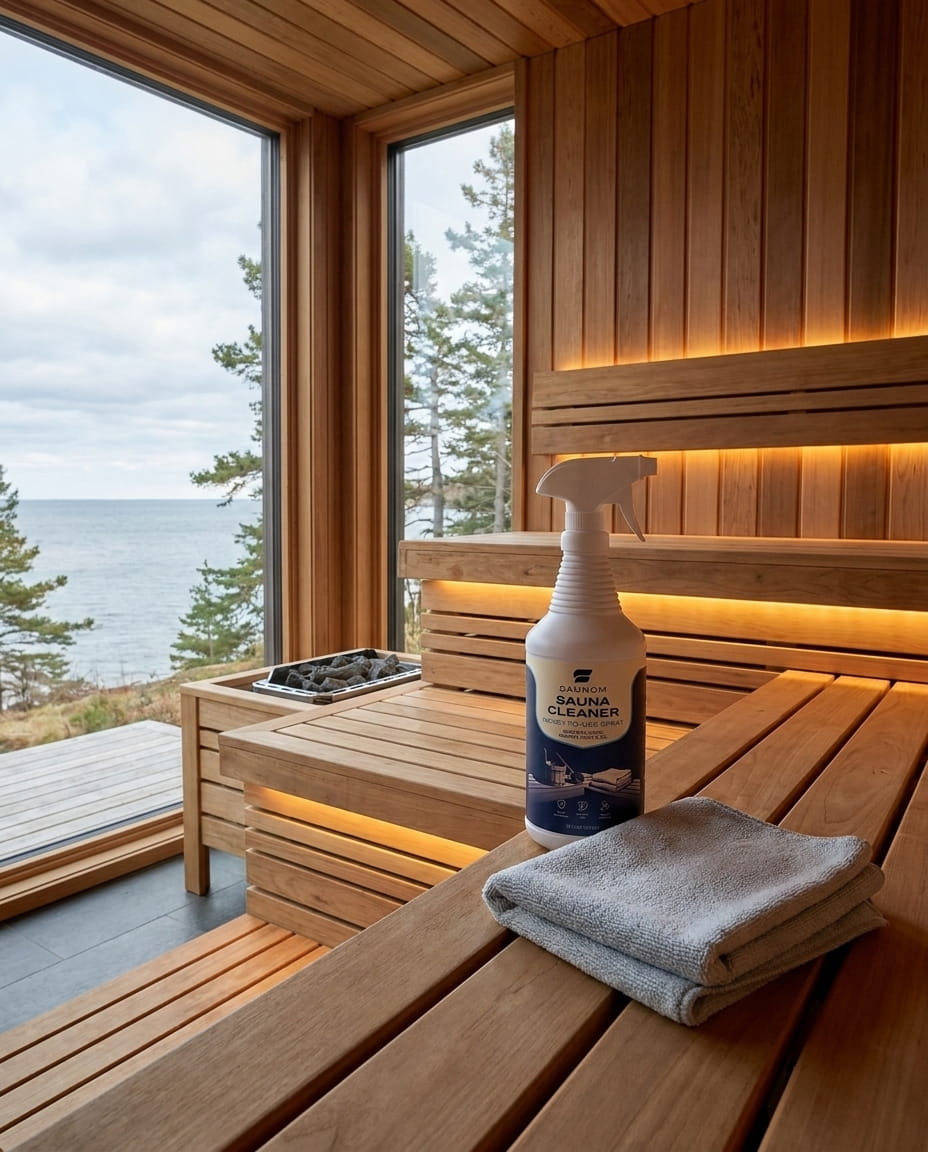 Ready-to-use sauna cleaner spray beside a cleaning cloth