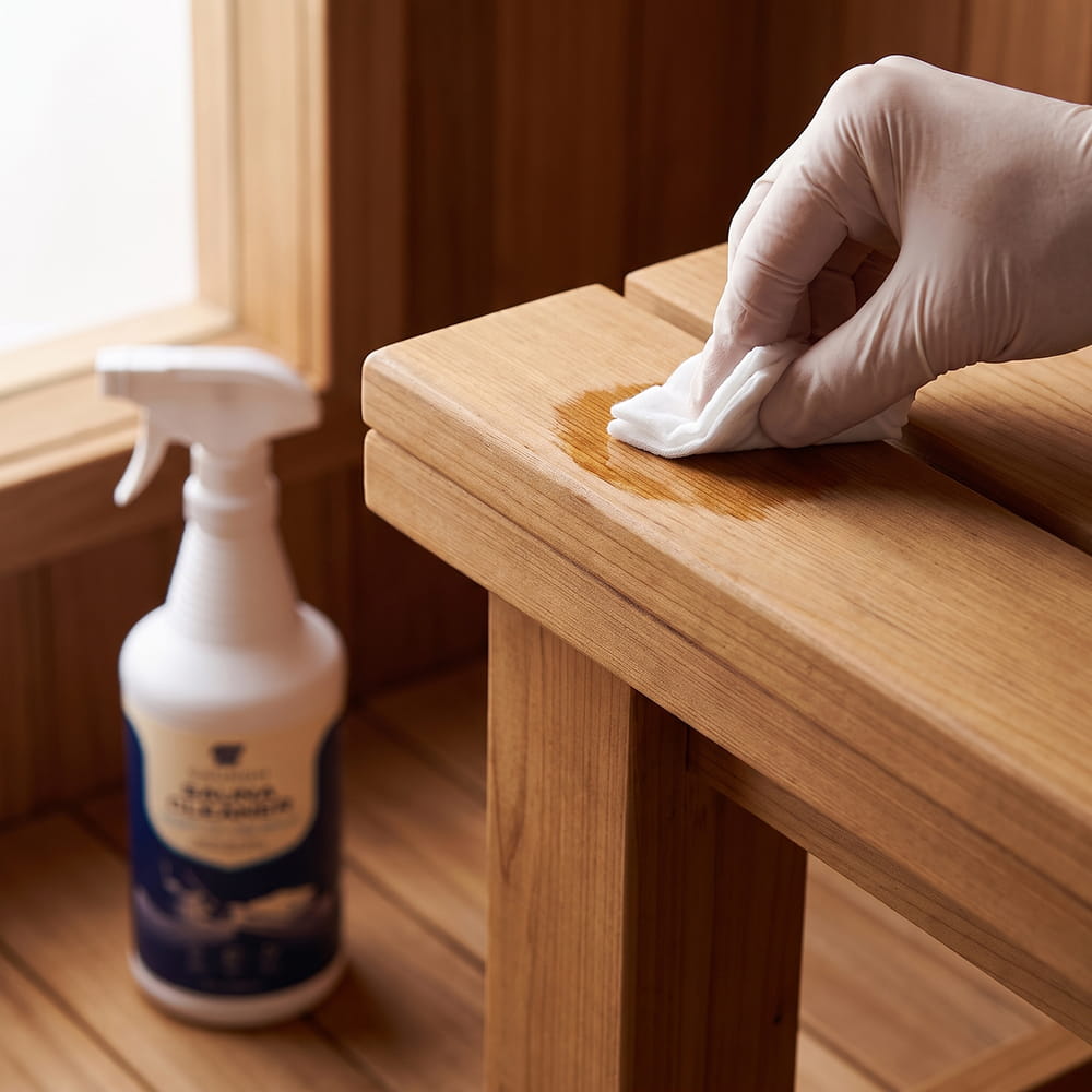 Spot-testing an inconspicuous sauna bench area before cleaning