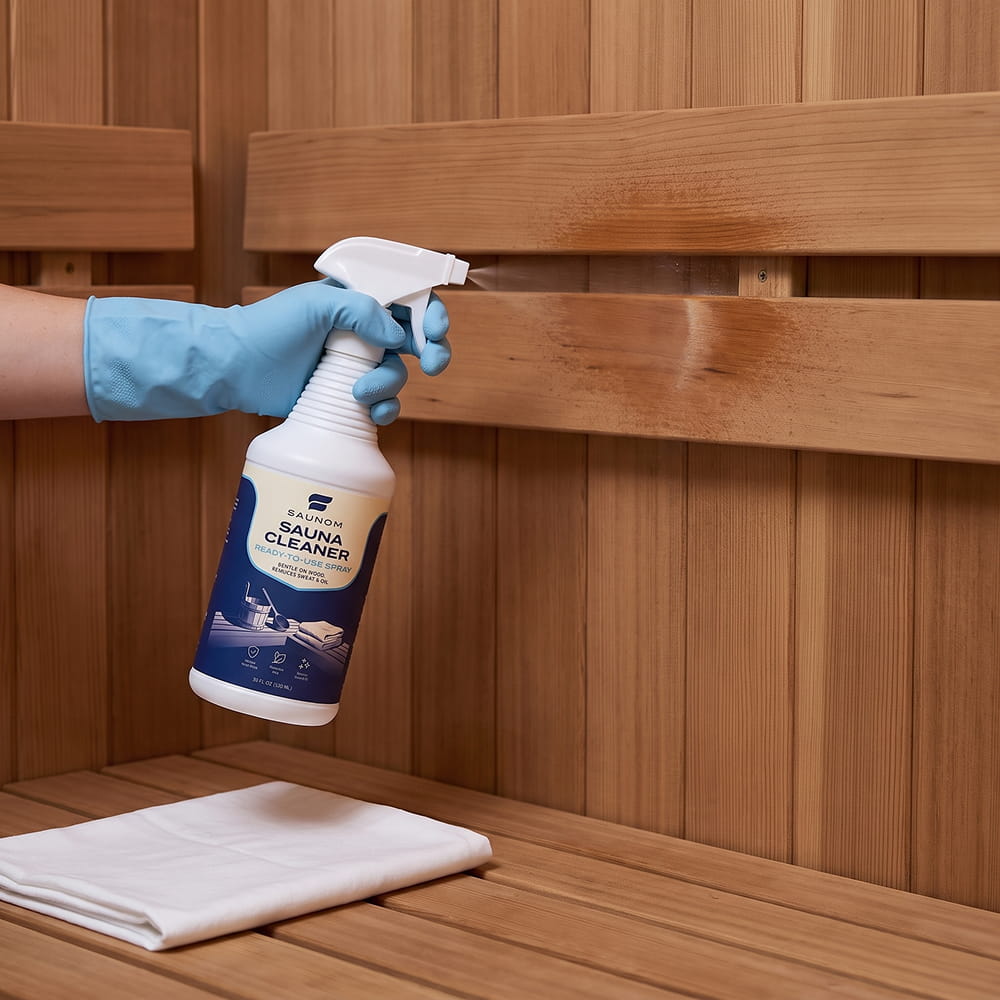 Applying Saunom ready-to-use cleaner spray to cool sauna wood