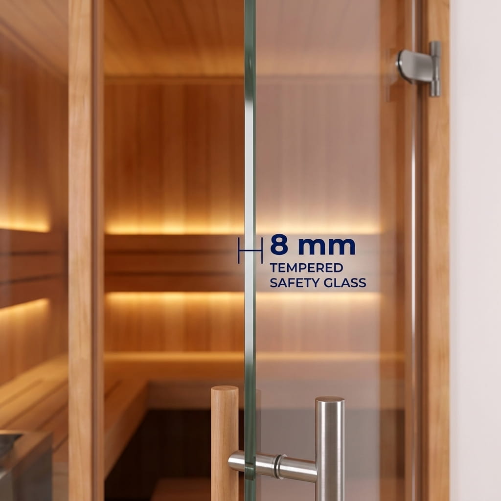 Tempered safety glass door panel with a brushed metal handle and hinge, shown installed in a wooden sauna. The glass features a blue text overlay reading '8 mm TEMPERED SAFETY GLASS'.