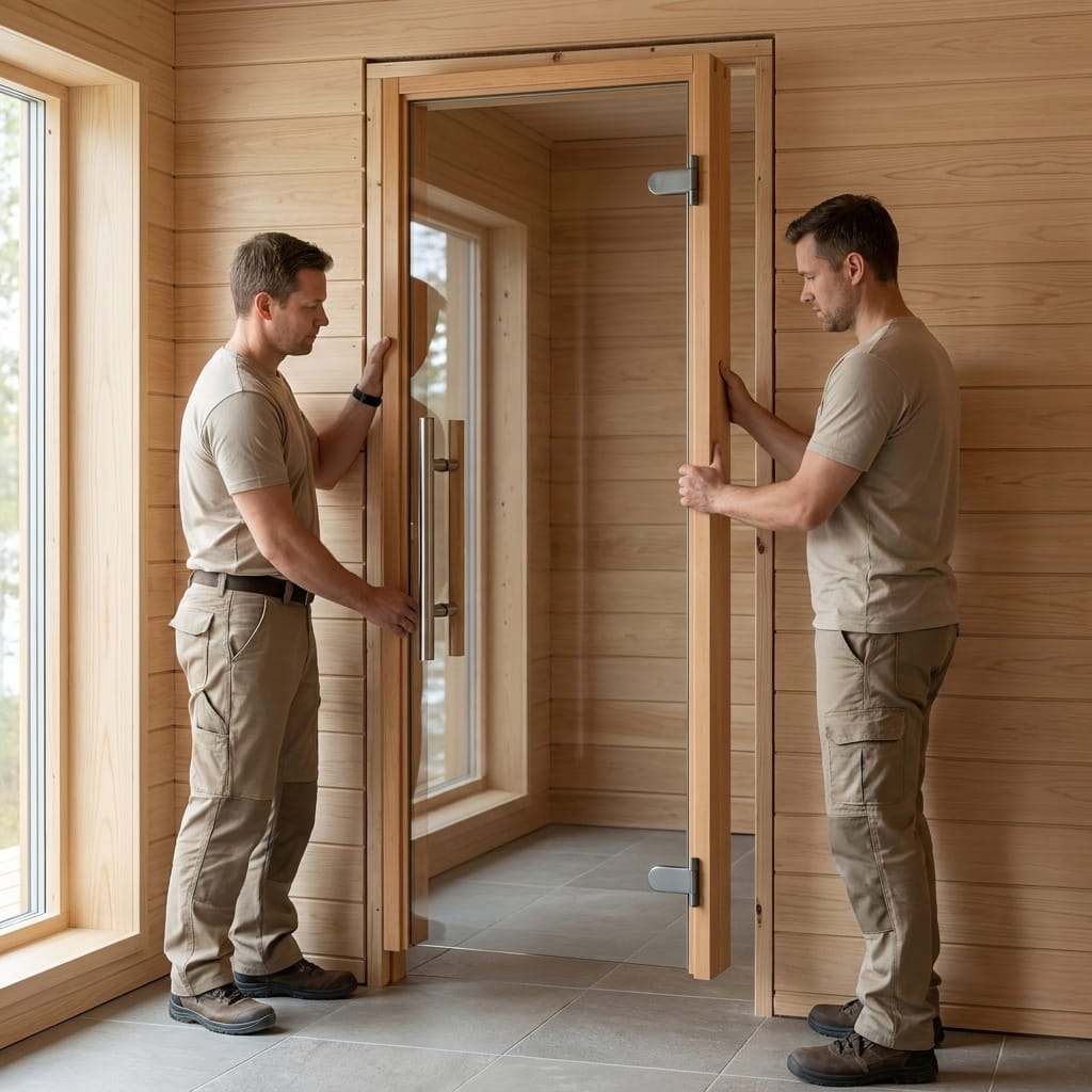 Two installers fitting an alder-framed clear glass sauna door into a wood-paneled sauna opening