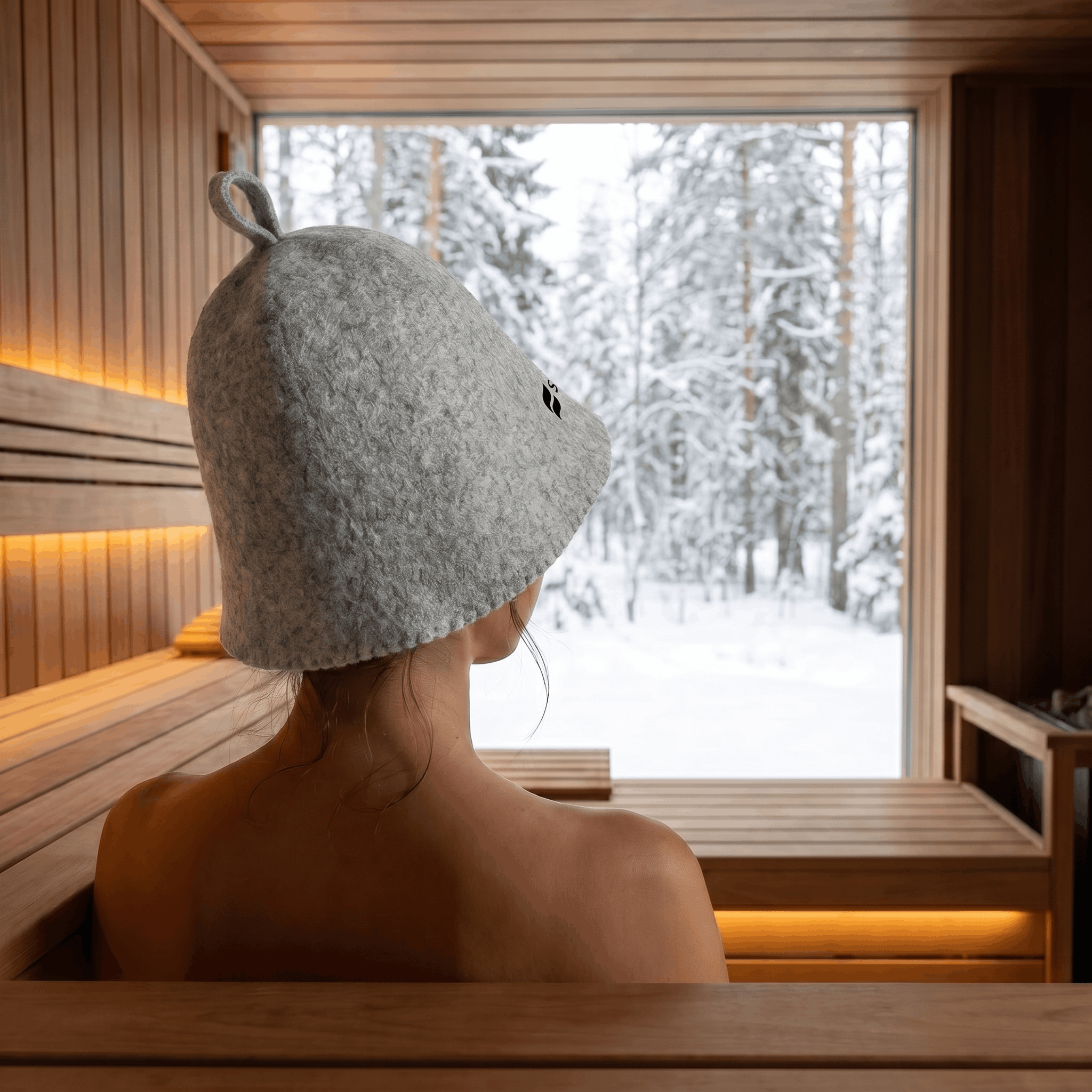 Close-up from behind of a grey wool sauna hat worn inside a sauna with snowy forest view
