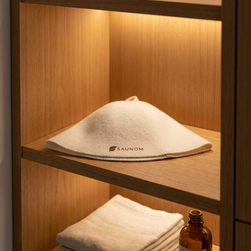 White wool sauna hat displayed flat on a wooden shelf with towels and amber bottle