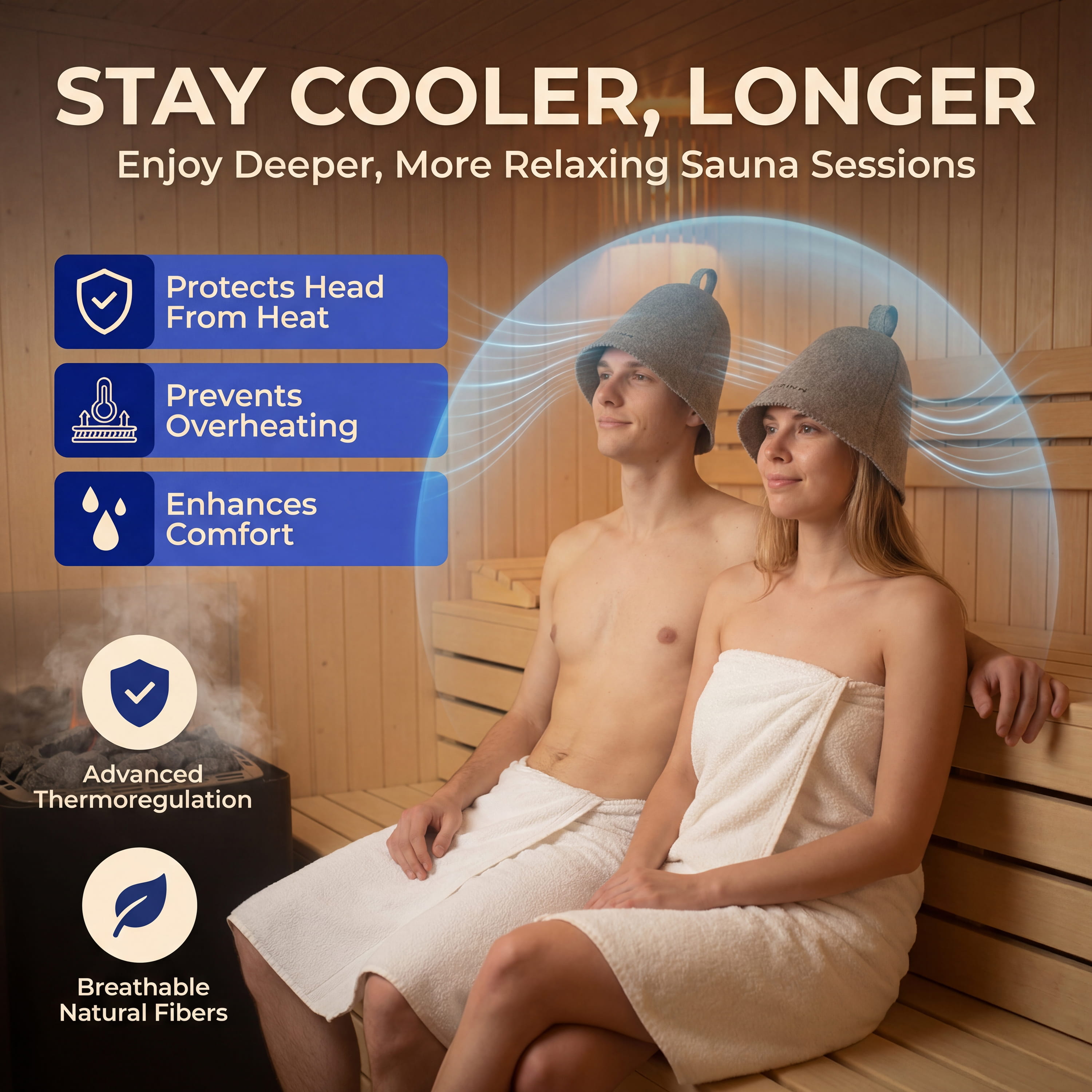 Benefit graphic showing a couple wearing grey SAUNOM sauna hats with heat-shield visuals and comfort claims