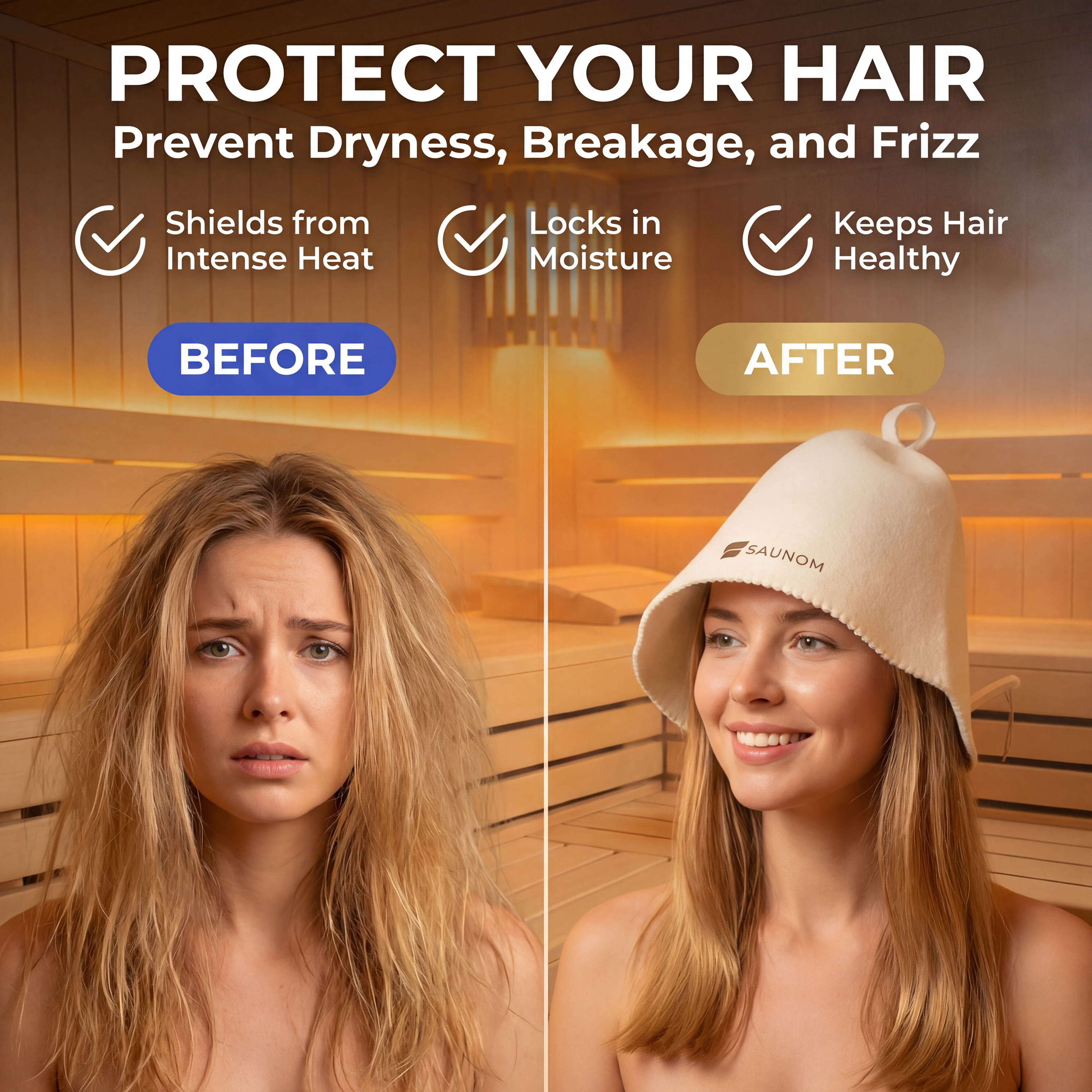 Before and after sauna hat graphic showing hair protection from heat, dryness, breakage, and frizz
