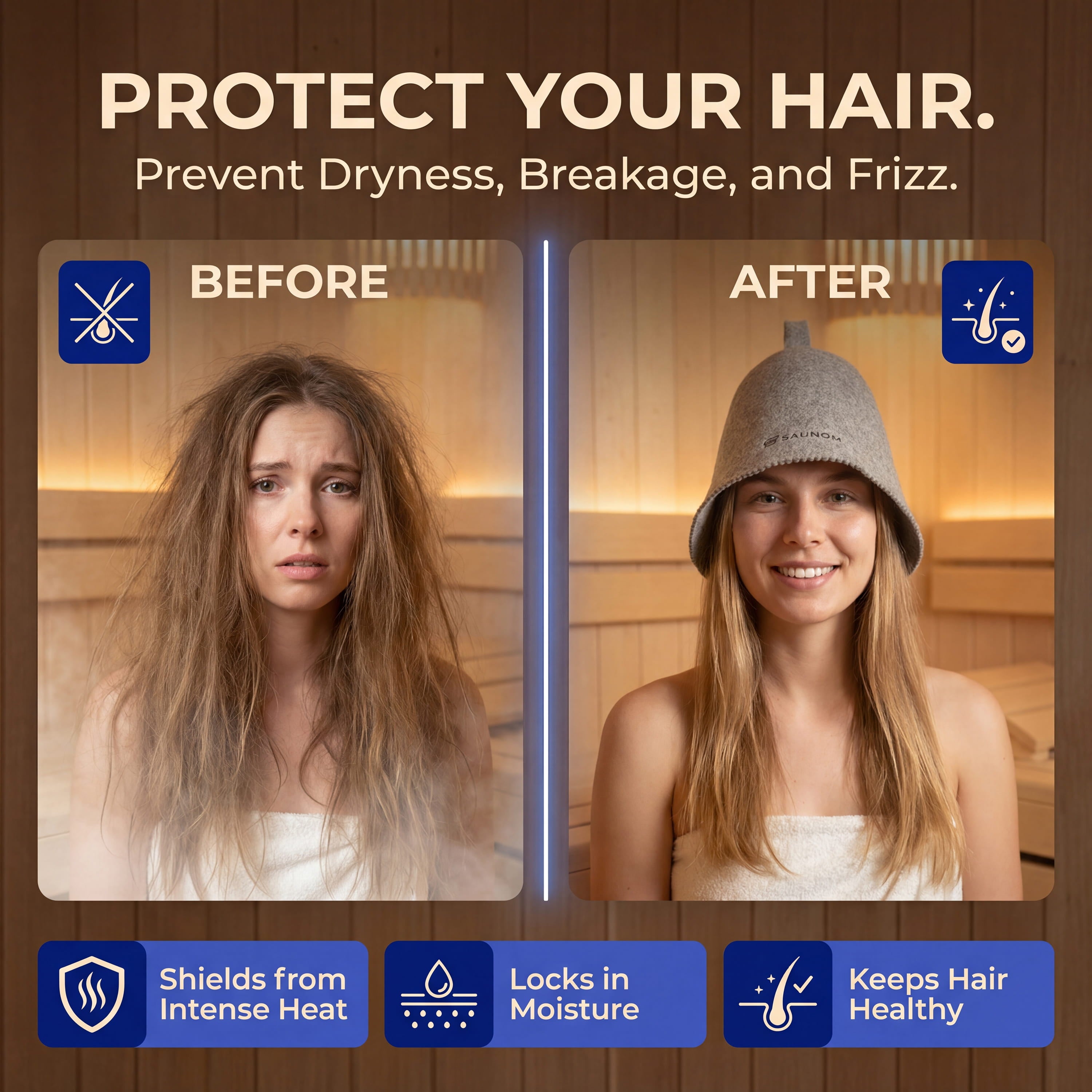 Before and after graphic showing hair protection benefits of a grey SAUNOM sauna hat